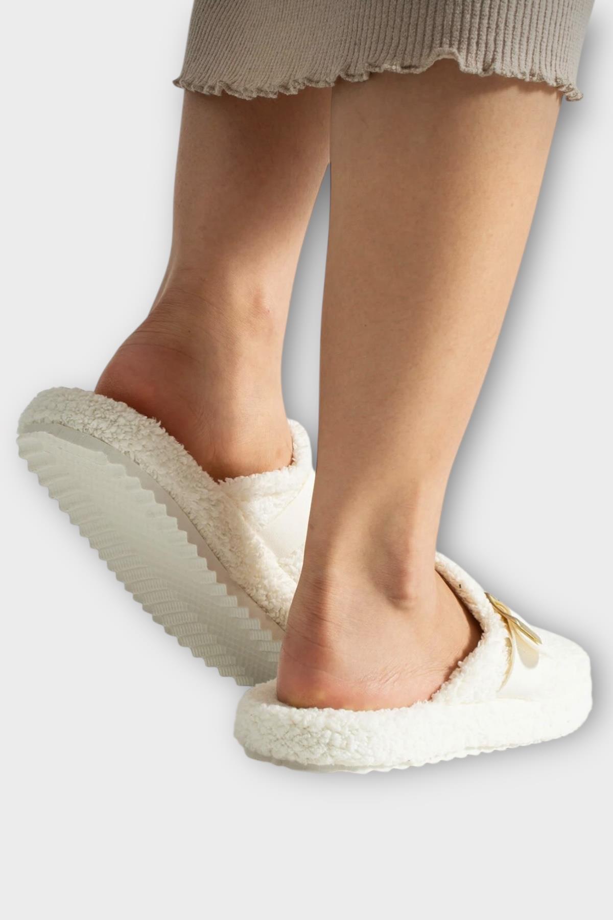 Pofuduk Ses Yapmaz Eva Taban Tokalı Kadın Ev Terliği BEYAZ - Görsel 5