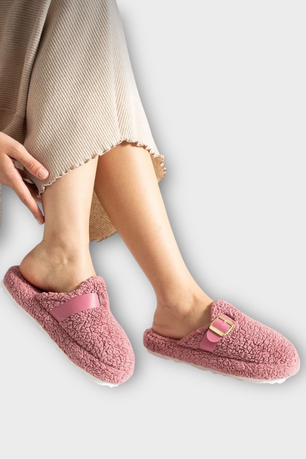 Pofuduk Ses Yapmaz Eva Taban Tokalı Kadın Ev Terliği GÜL KURUSU - Görsel 2