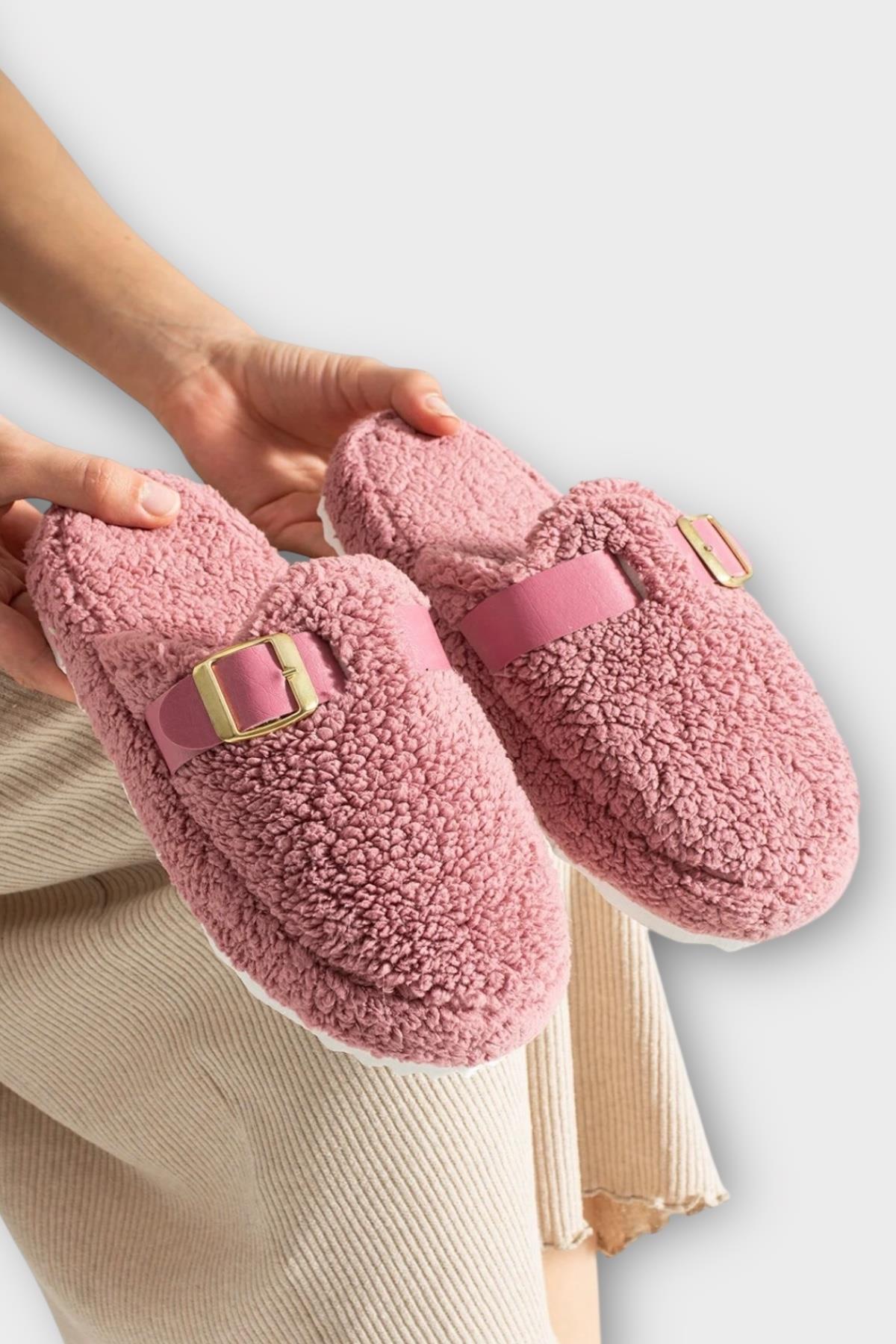 Pofuduk Ses Yapmaz Eva Taban Tokalı Kadın Ev Terliği GÜL KURUSU - Görsel 3