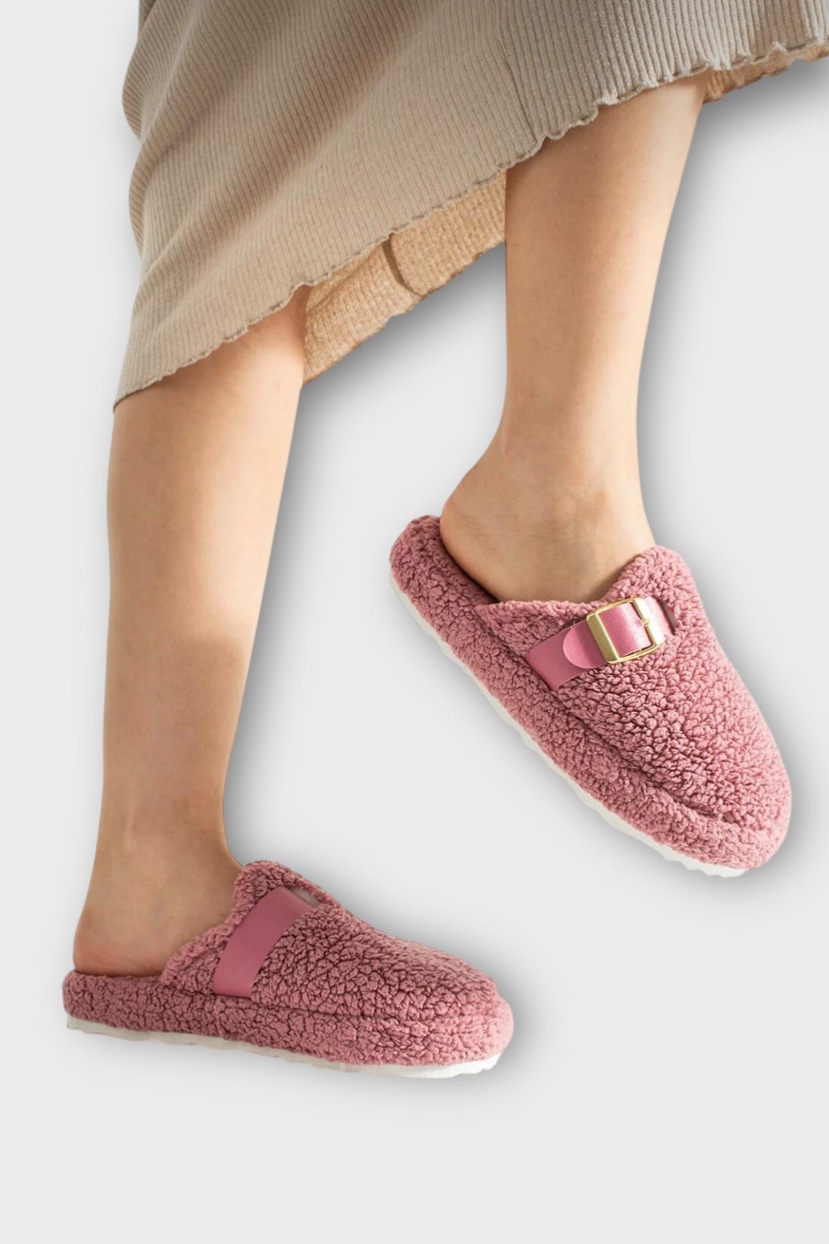 Pofuduk Ses Yapmaz Eva Taban Tokalı Kadın Ev Terliği GÜL KURUSU - Görsel 4