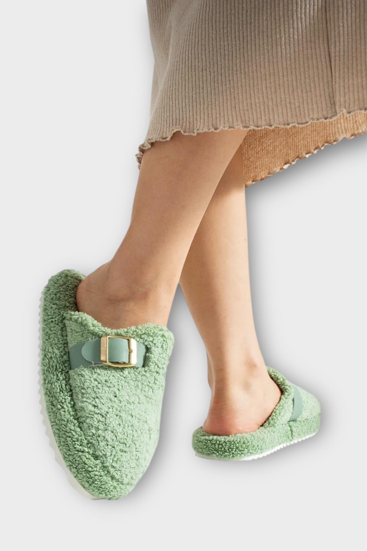 Pofuduk Ses Yapmaz Eva Taban Tokalı Kadın Ev Terliği YEŞİL - Görsel 2