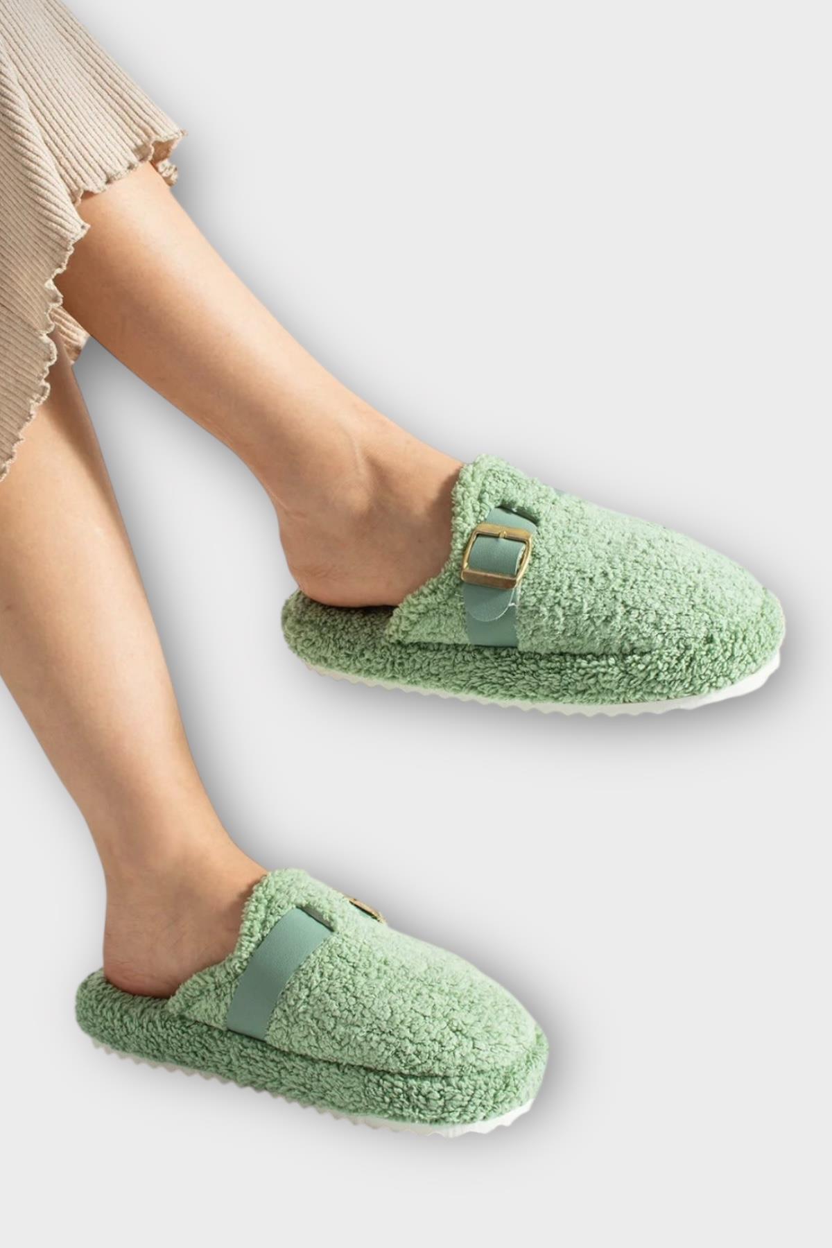 Pofuduk Ses Yapmaz Eva Taban Tokalı Kadın Ev Terliği YEŞİL - Görsel 3