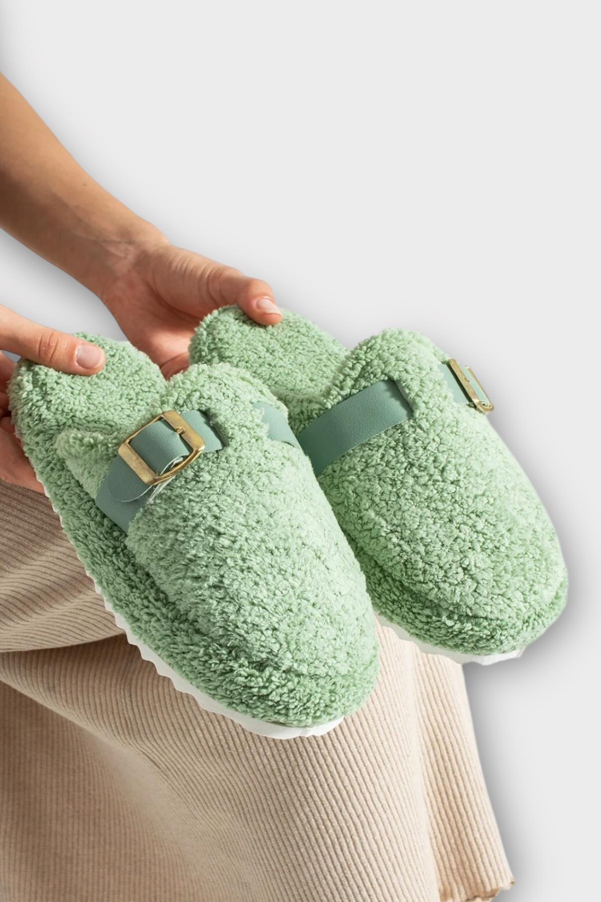 Pofuduk Ses Yapmaz Eva Taban Tokalı Kadın Ev Terliği YEŞİL - Görsel 4