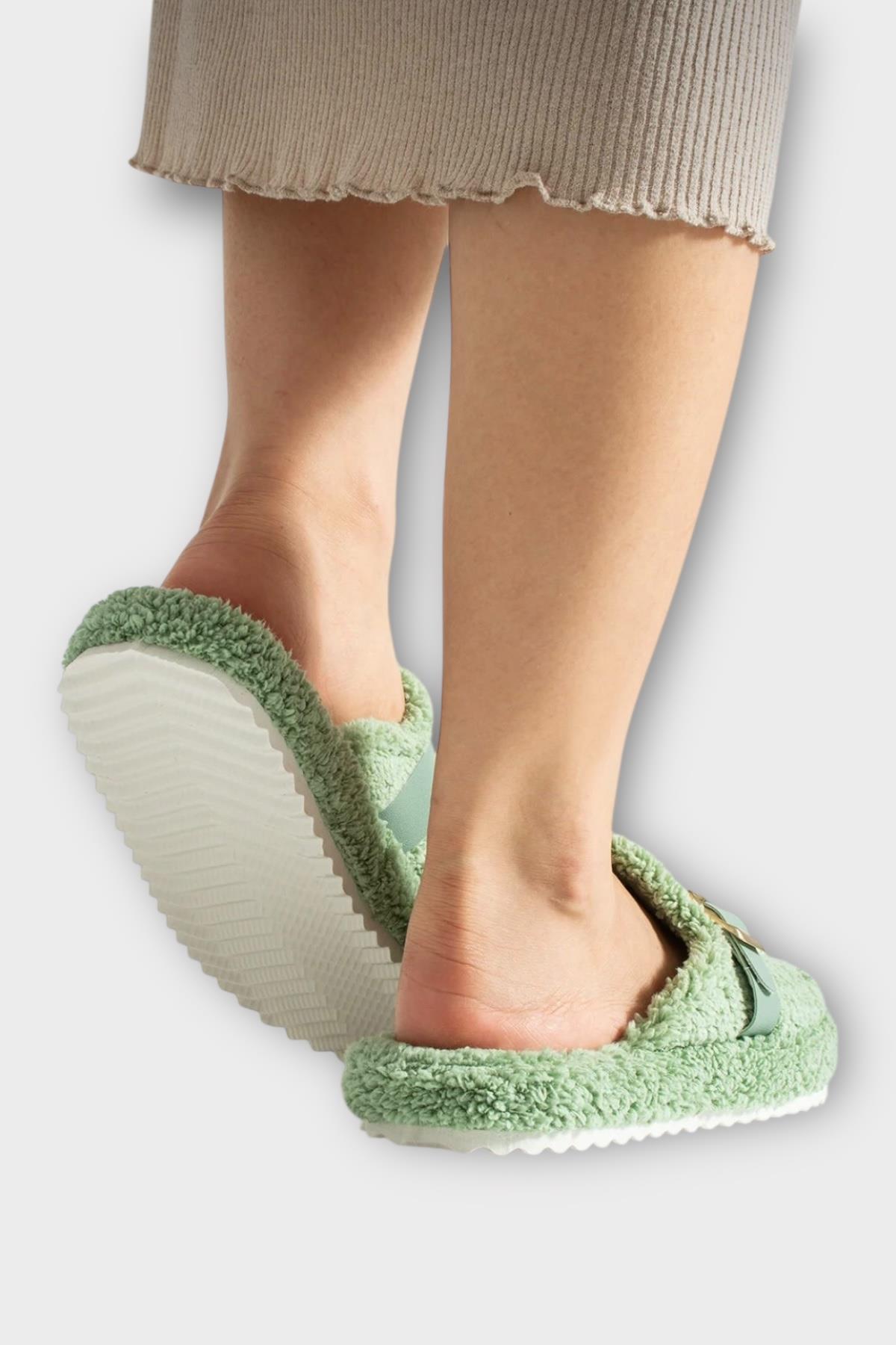 Pofuduk Ses Yapmaz Eva Taban Tokalı Kadın Ev Terliği YEŞİL - Görsel 5