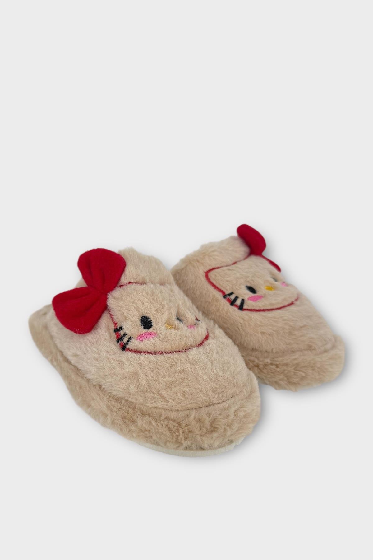 HelloKitty Figürlü Sıcak Tutan Kışlık Kadın Ev Terliği BEJ - KIRMIZI - Görsel 4