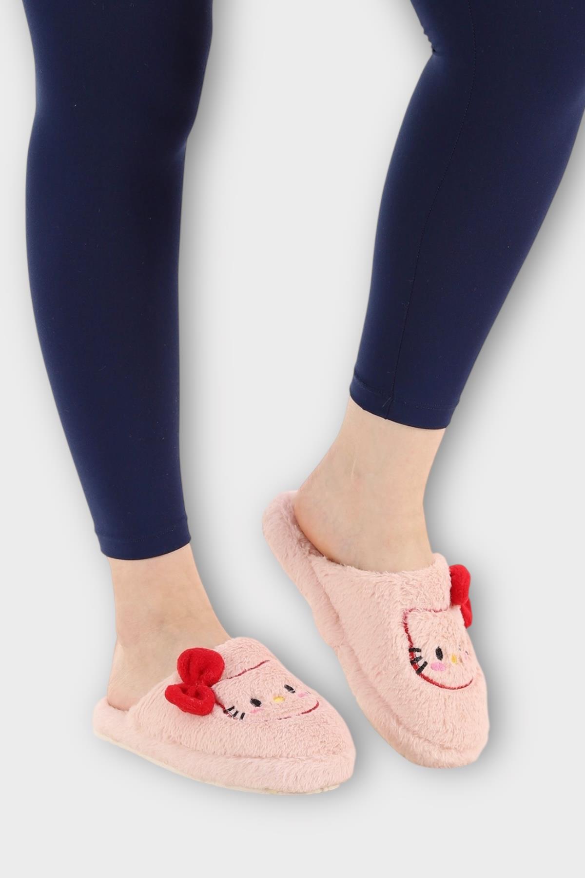 HelloKitty Figürlü Sıcak Tutan Kışlık Kadın Ev Terliği PUDRA-KIRMIZI - Görsel 3