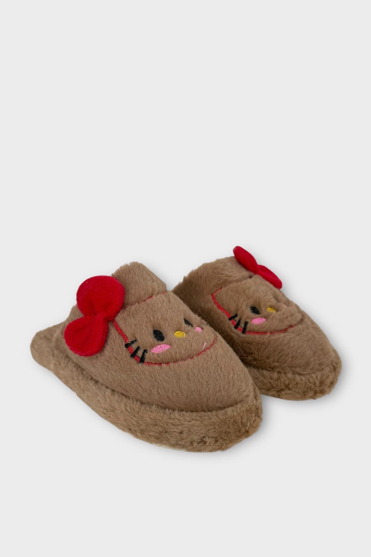 HelloKitty Figürlü Sıcak Tutan Kışlık Kadın Ev Terliği KAHVERENGİ-KIRMIZI - Görsel 5
