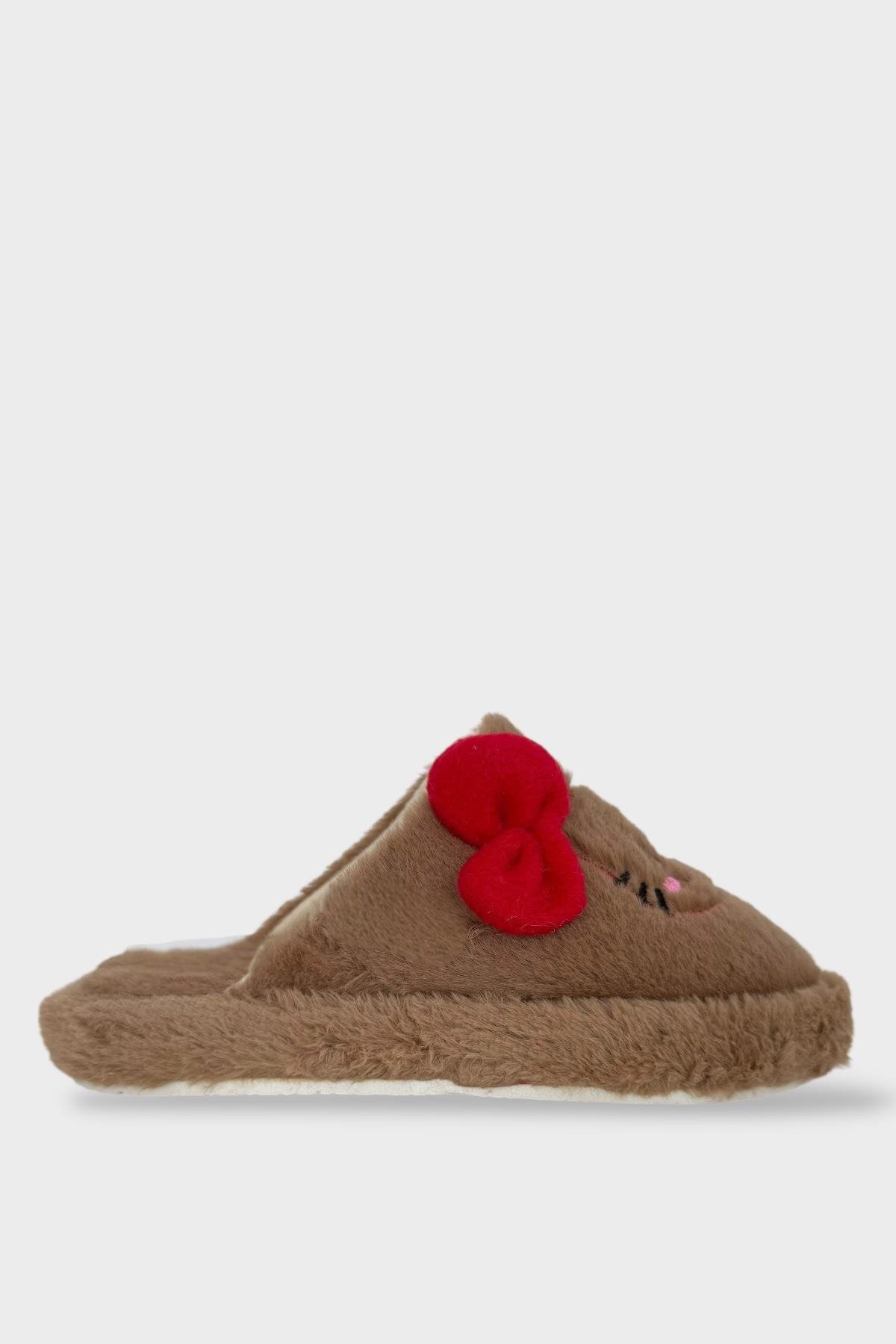 HelloKitty Figürlü Sıcak Tutan Kışlık Kadın Ev Terliği KAHVERENGİ-KIRMIZI - Görsel 7