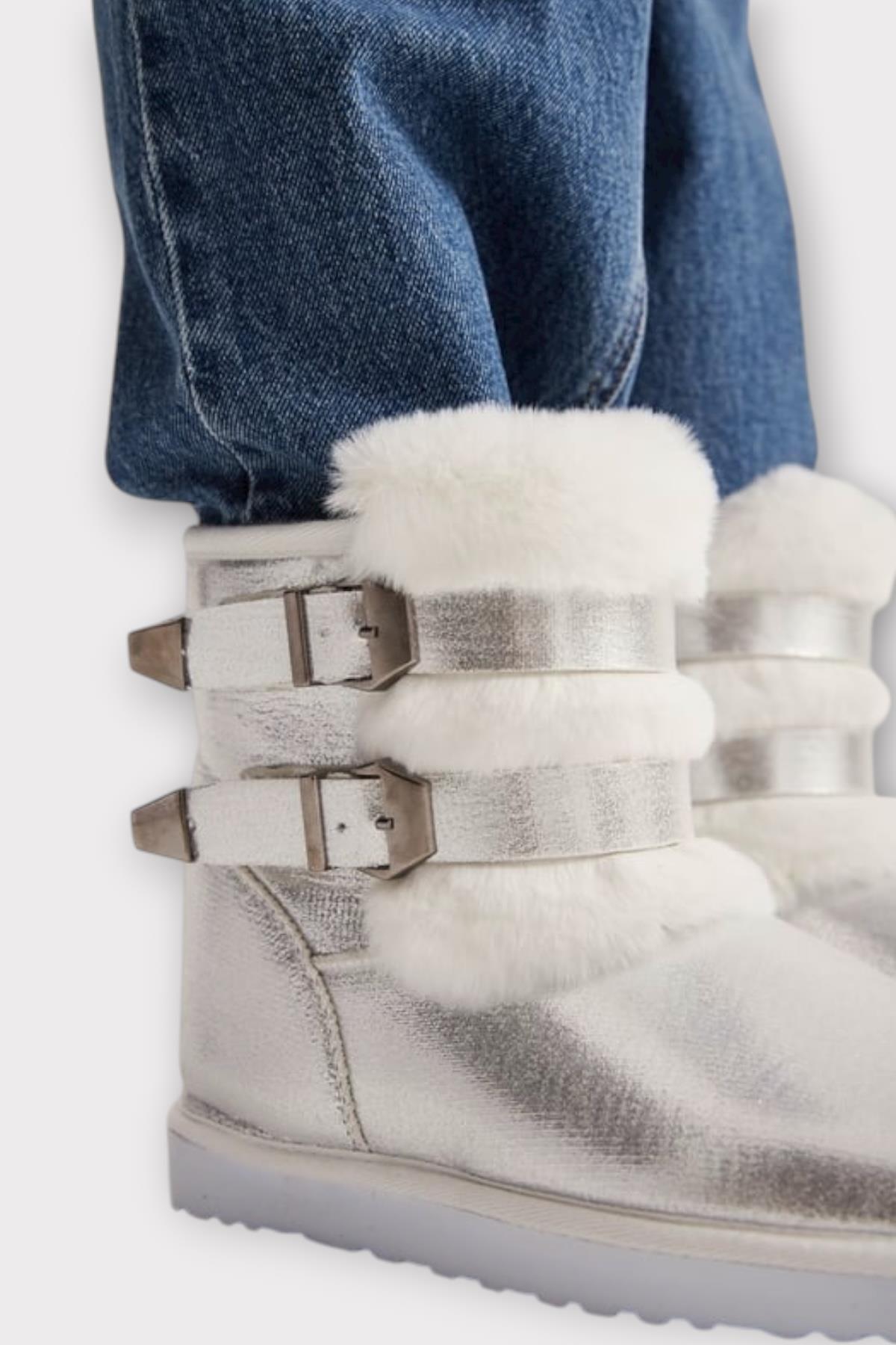 İçi Kürklü Çift Kemerli Kadın Bot GÜMÜŞ - Görsel 7