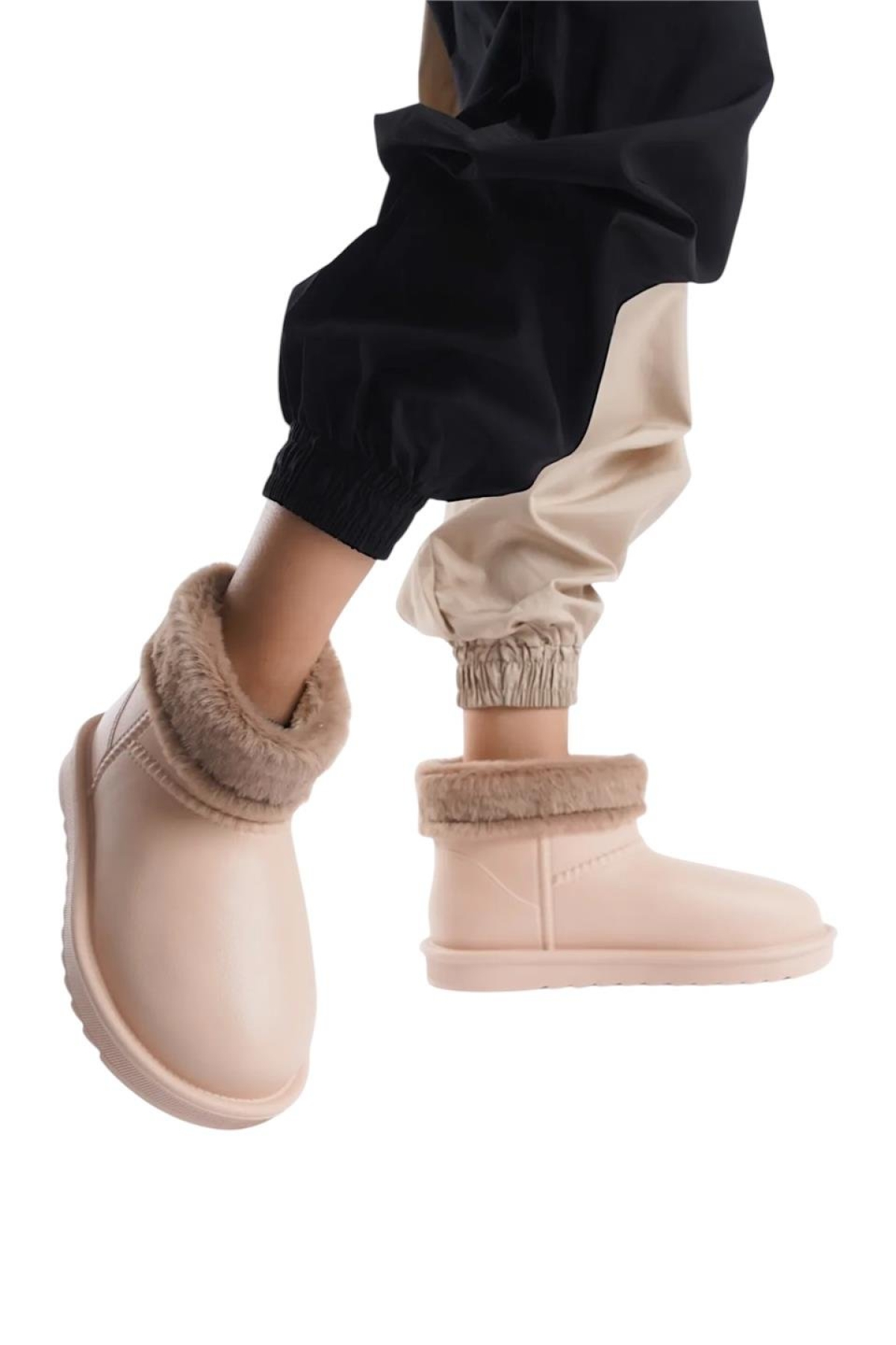 Yuvarlak Burun Kadın Kürklü Kısa Yağmur Botu BEJ - Görsel 6