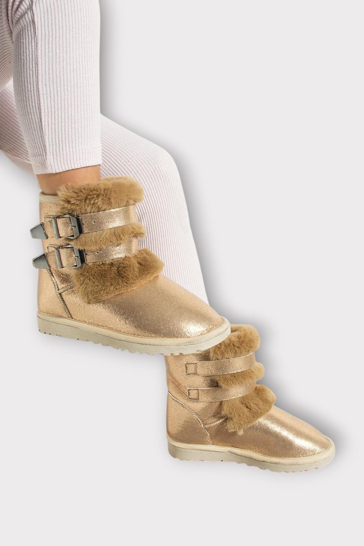 İçi Kürklü Çift Kemerli Kadın Bot BRONZ - Görsel 3