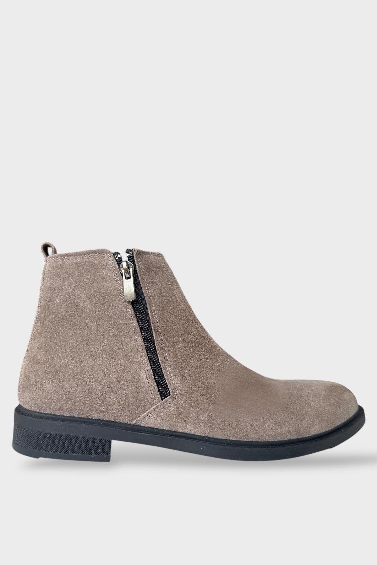 Erkek Hakiki Deri Çift Fermuar Detay Bot BEJ - Görsel 2