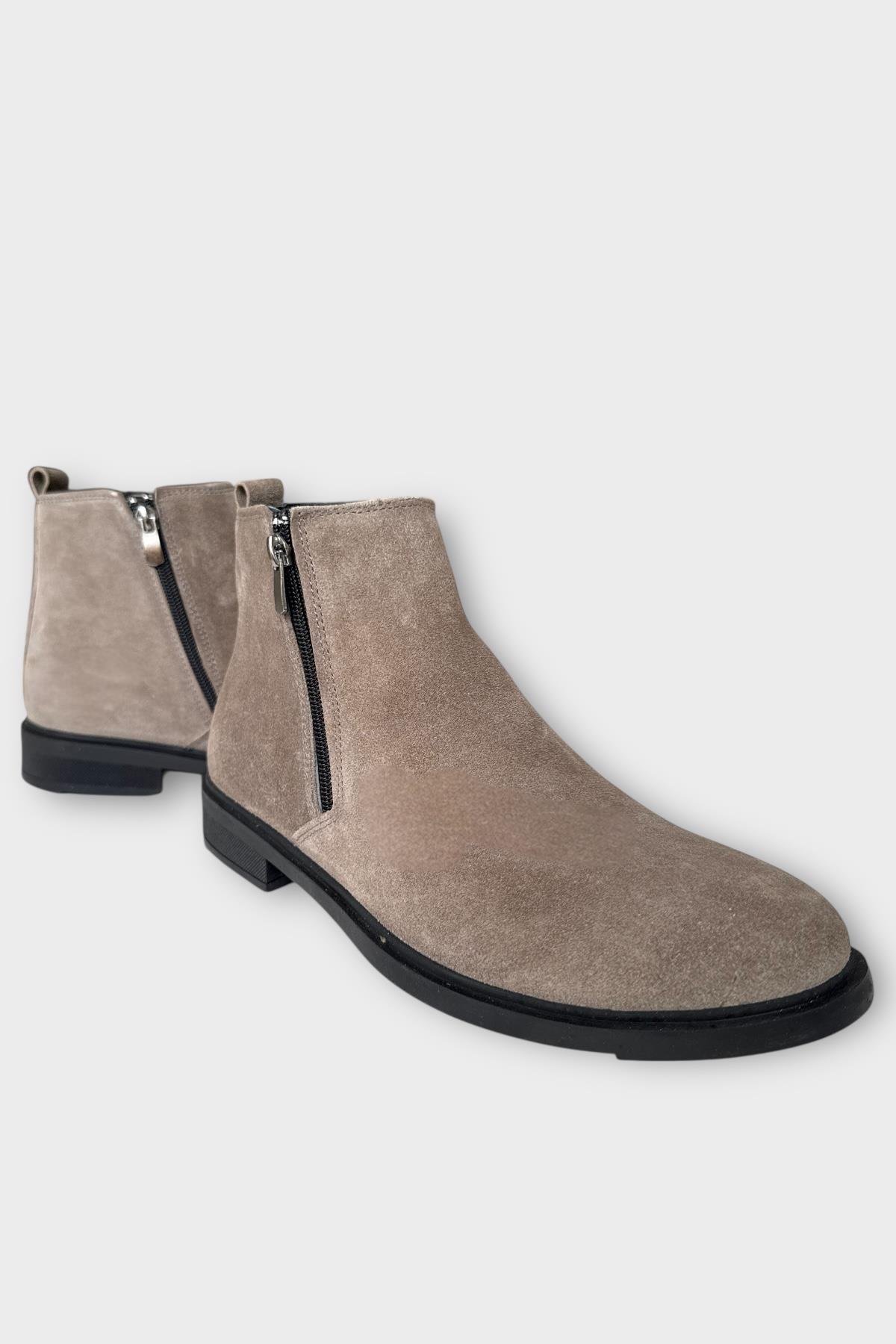 Erkek Hakiki Deri Çift Fermuar Detay Bot BEJ - Görsel 3