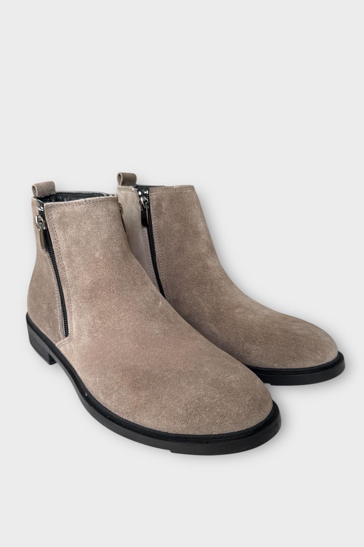 Erkek Hakiki Deri Çift Fermuar Detay Bot BEJ - Görsel 4