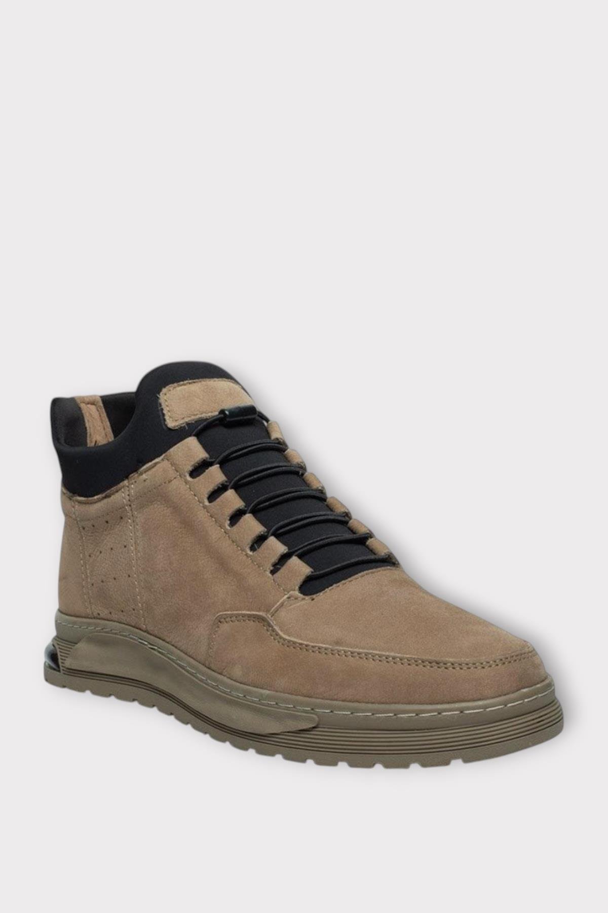 Erkek Nubuk Hakiki Deri Bağcıklı Kaydırmaz Kauçuk Taban Bot BEJ - Görsel 3