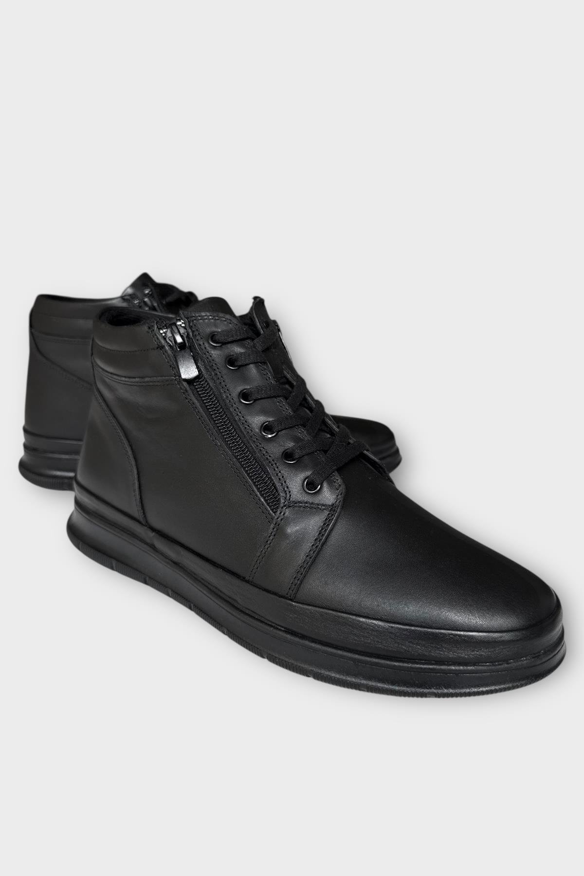 Erkek Hakiki Deri Fermuarlı Bağcıklı Soğuk Geçirmez Bot SİYAH - Görsel 3