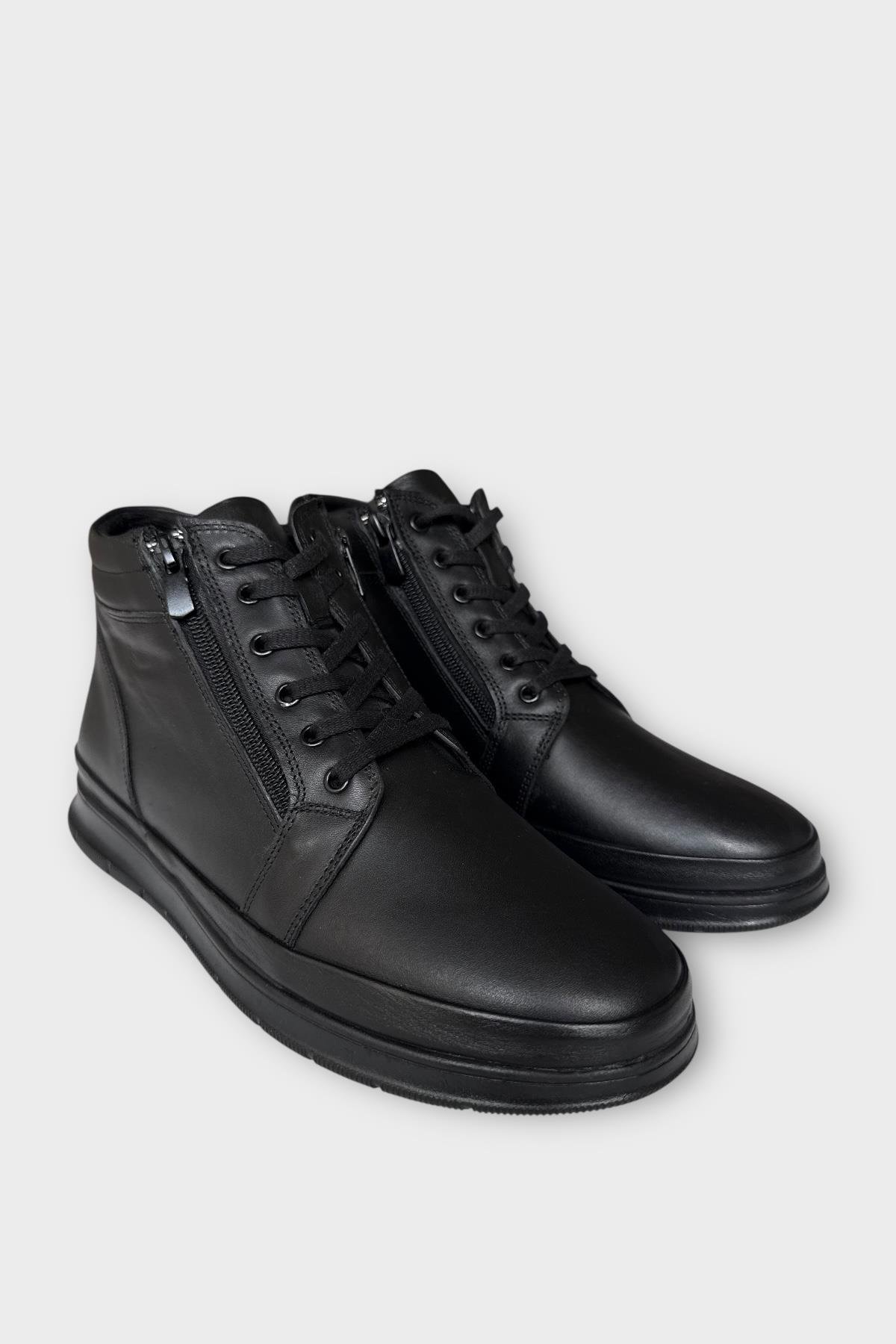 Erkek Hakiki Deri Fermuarlı Bağcıklı Soğuk Geçirmez Bot SİYAH - Görsel 4