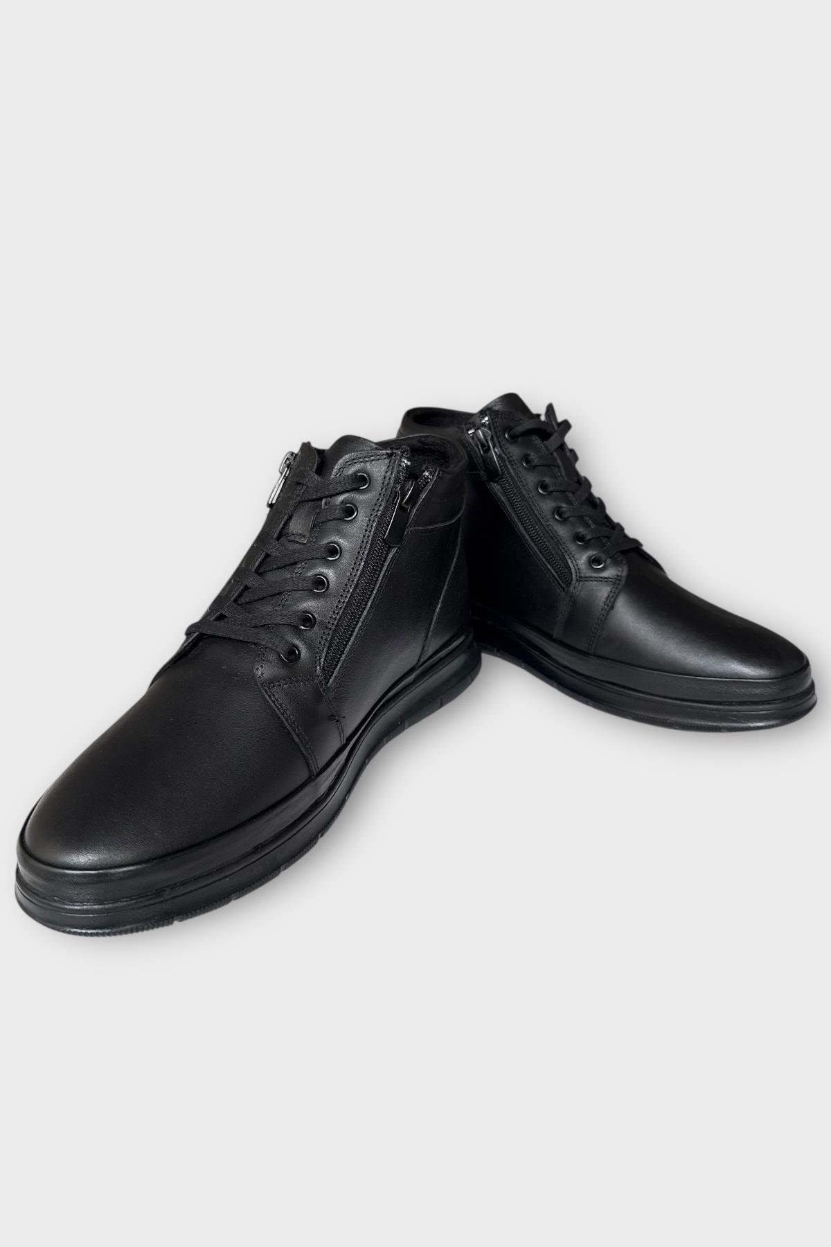 Erkek Hakiki Deri Fermuarlı Bağcıklı Soğuk Geçirmez Bot SİYAH - Görsel 5