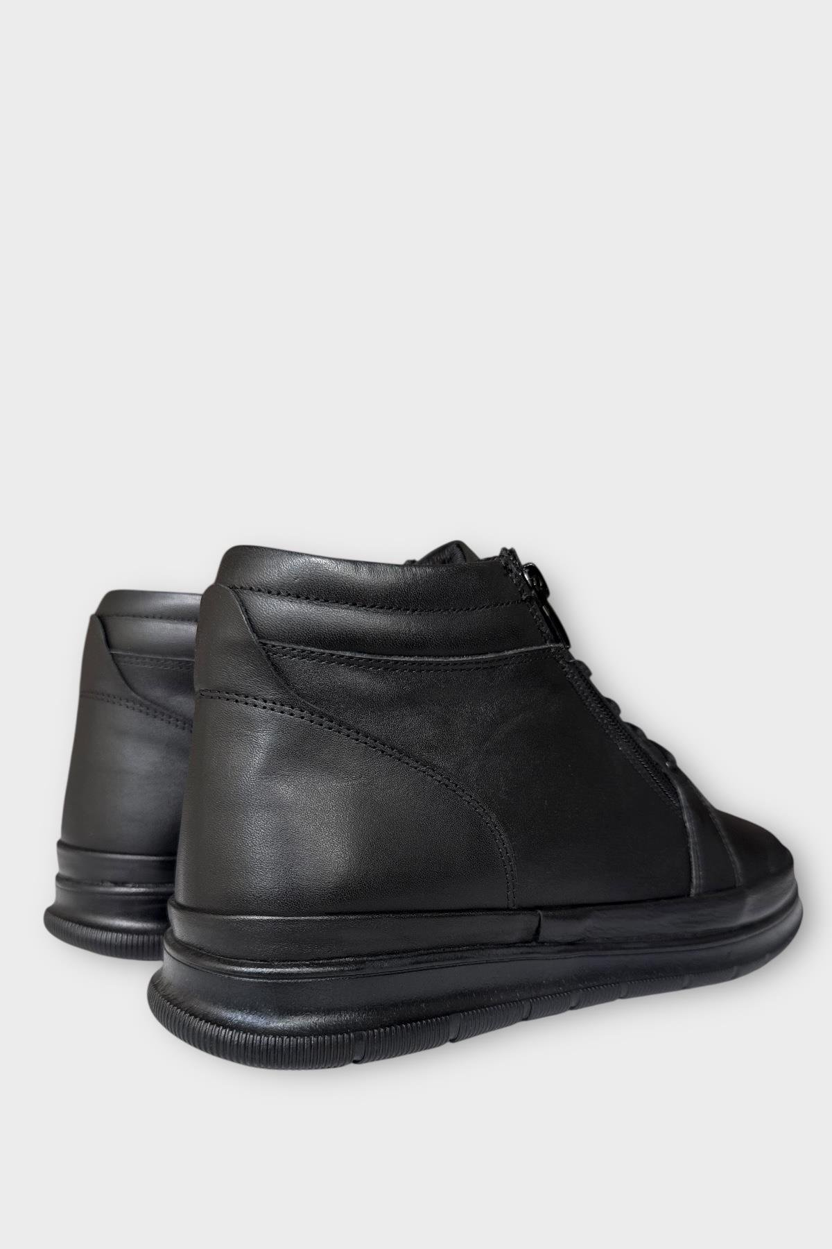Erkek Hakiki Deri Fermuarlı Bağcıklı Soğuk Geçirmez Bot SİYAH - Görsel 6