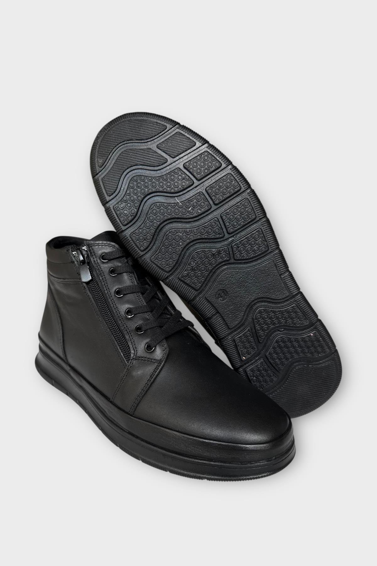 Erkek Hakiki Deri Fermuarlı Bağcıklı Soğuk Geçirmez Bot SİYAH - Görsel 7