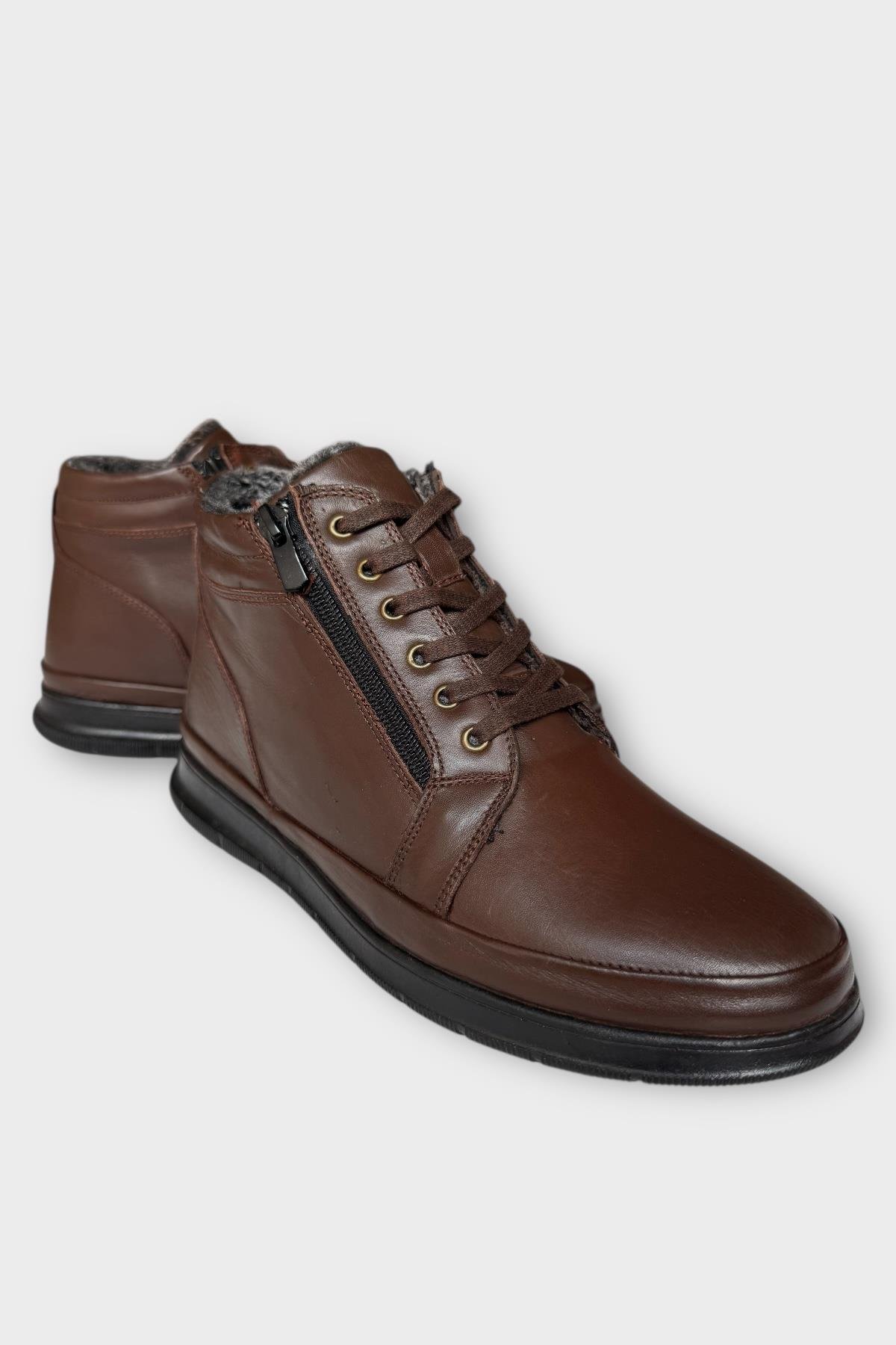 Erkek Hakiki Deri Fermuarlı Bağcıklı Soğuk Geçirmez Bot KAHVERENGİ - Görsel 3
