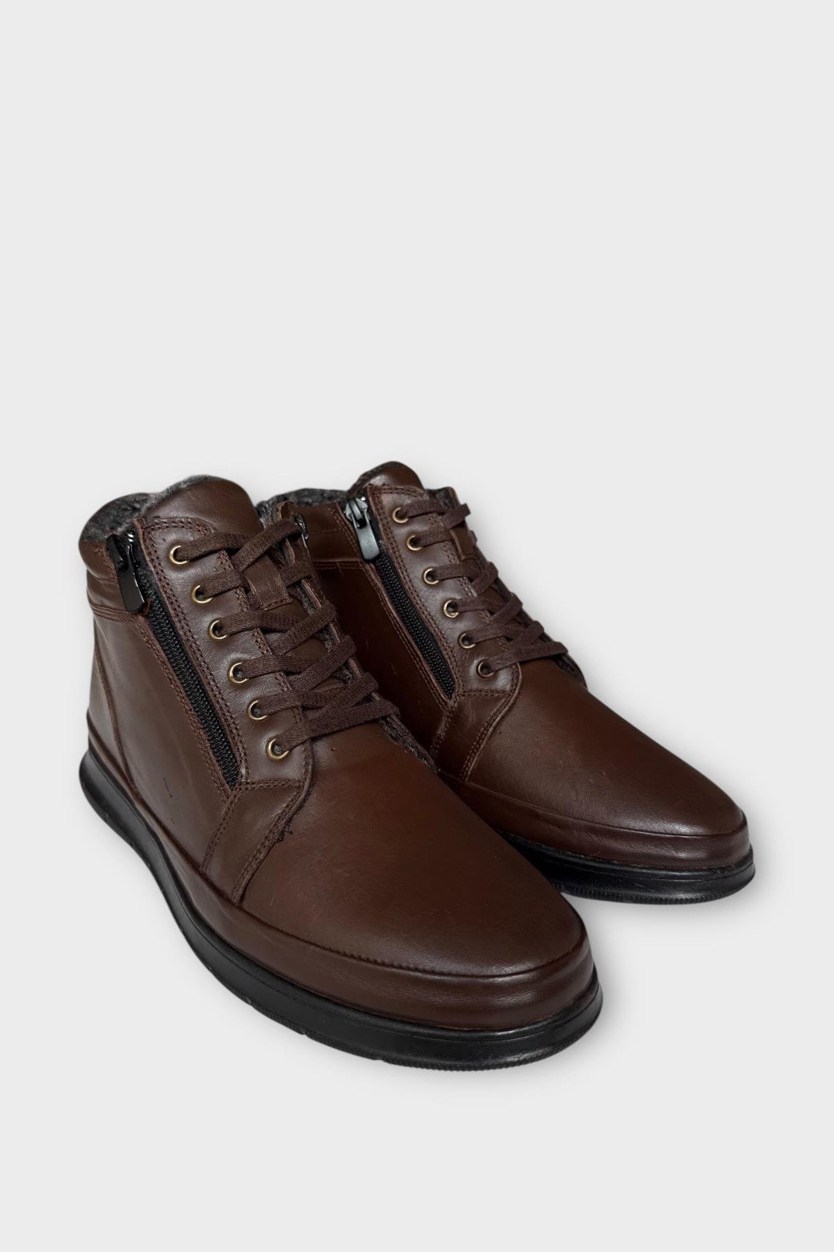 Erkek Hakiki Deri Fermuarlı Bağcıklı Soğuk Geçirmez Bot KAHVERENGİ - Görsel 4
