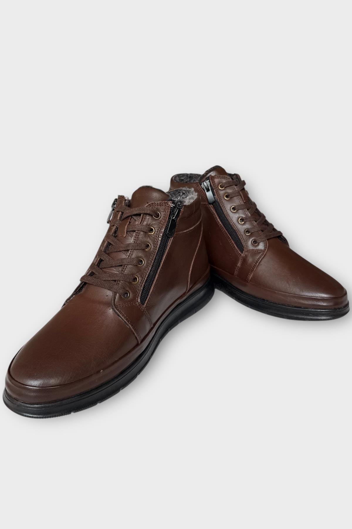 Erkek Hakiki Deri Fermuarlı Bağcıklı Soğuk Geçirmez Bot KAHVERENGİ - Görsel 5