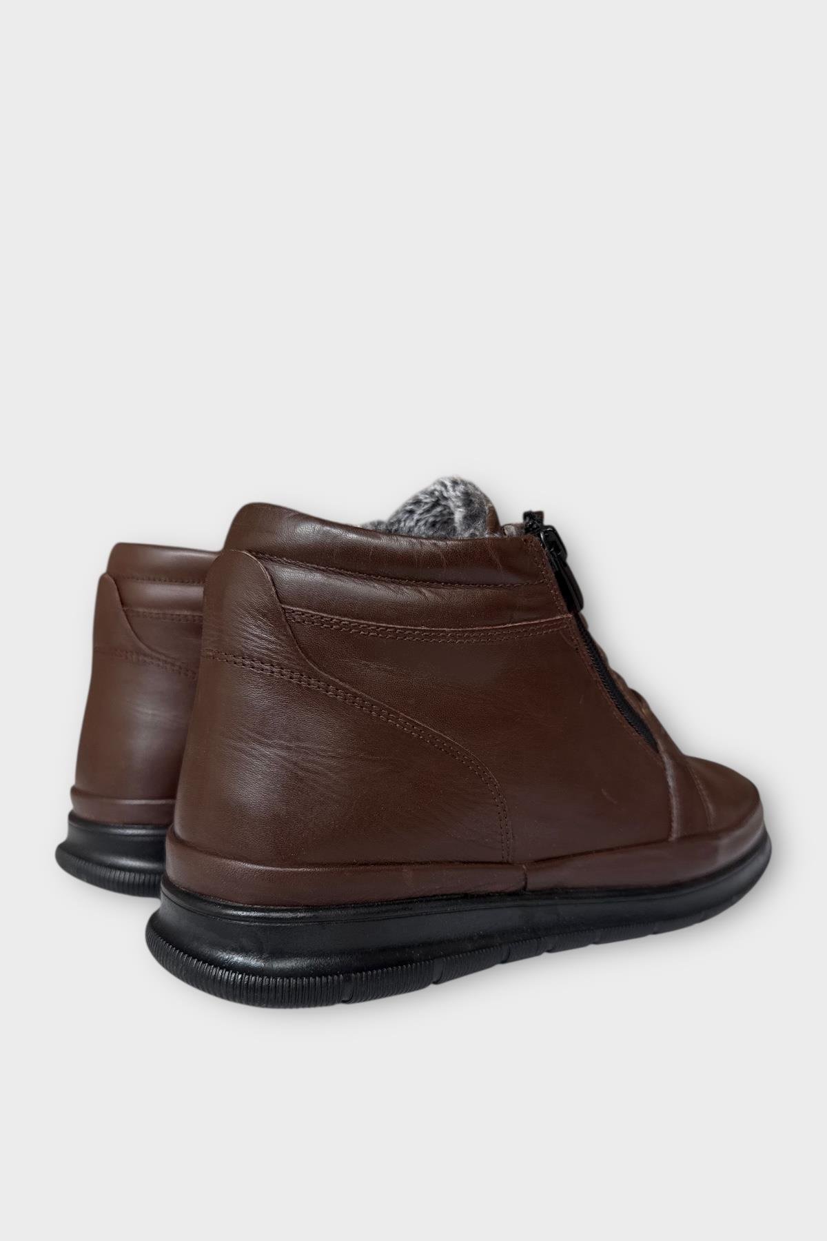 Erkek Hakiki Deri Fermuarlı Bağcıklı Soğuk Geçirmez Bot KAHVERENGİ - Görsel 6