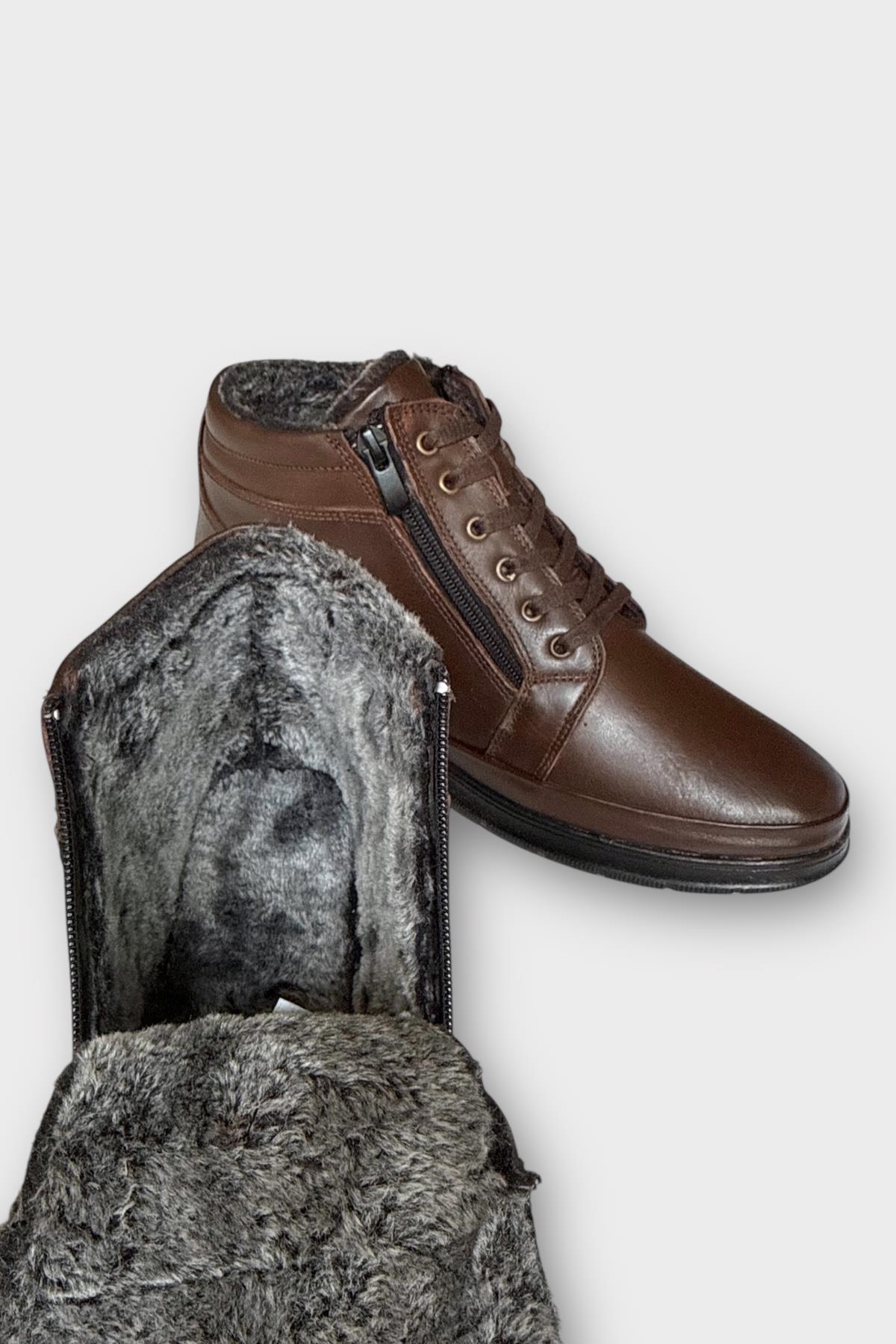 Erkek Hakiki Deri Fermuarlı Bağcıklı Soğuk Geçirmez Bot KAHVERENGİ - Görsel 7