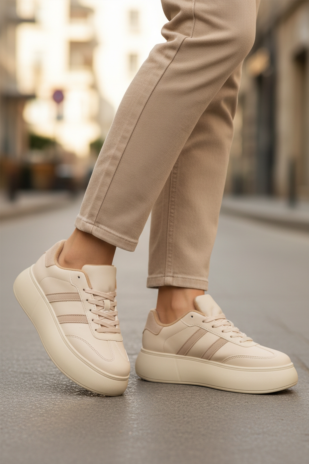 Bej Yüksek Taban Bağcıklı Unisex Sneaker DVS-01 Z - Görsel 4