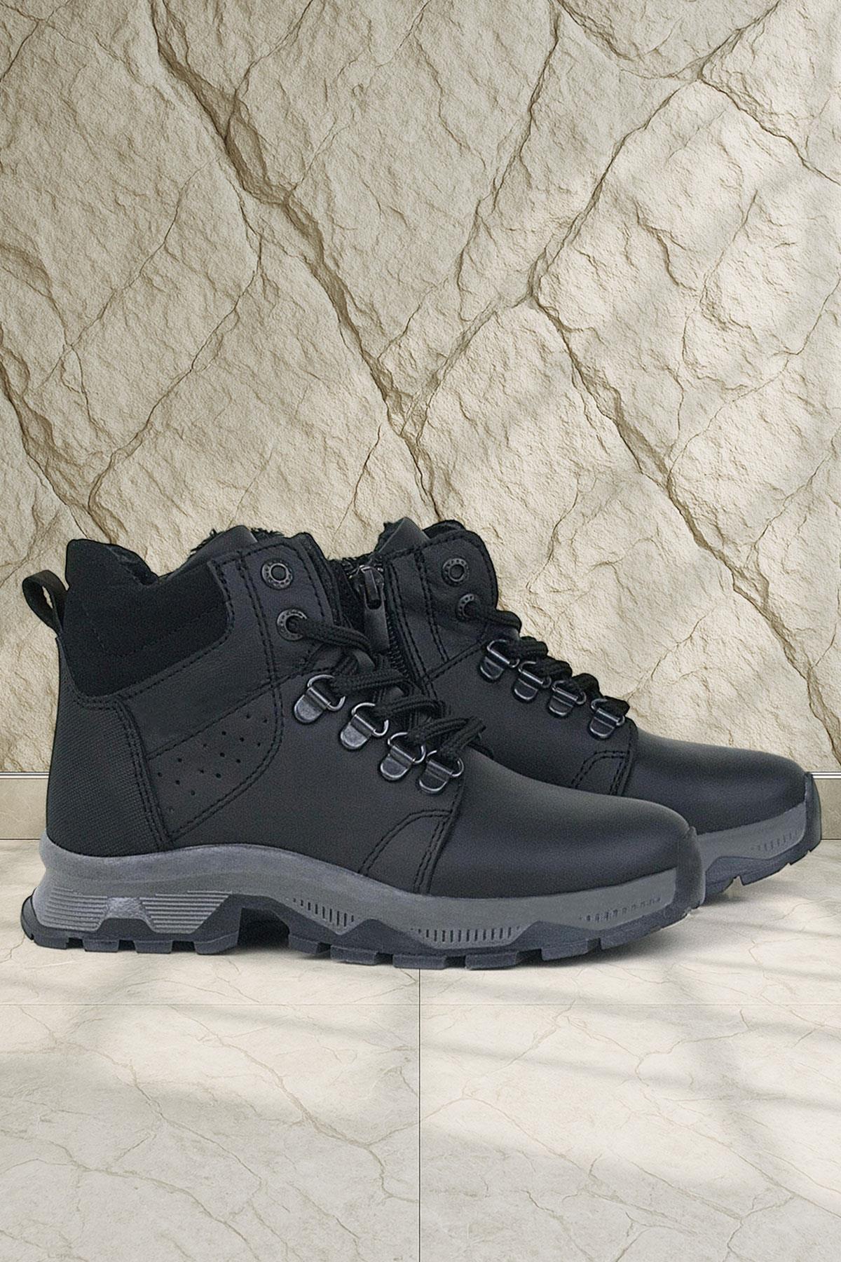 Hakiki Deri Siyah Fermuarlı Trekking Erkek Çocuk Bot - Görsel 2