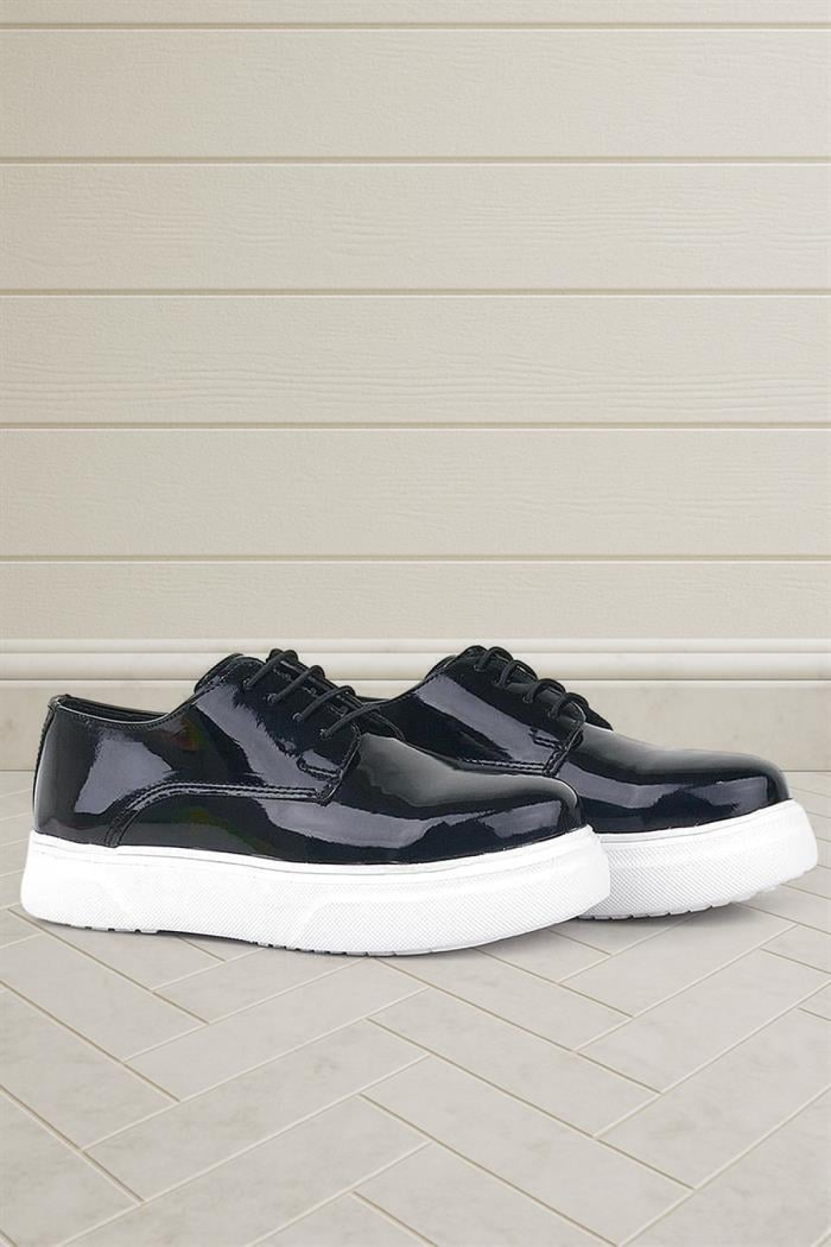 Derby Siyah Rugan Beyaz Taban Çocuk Klasik Ayakkabı - Görsel 9