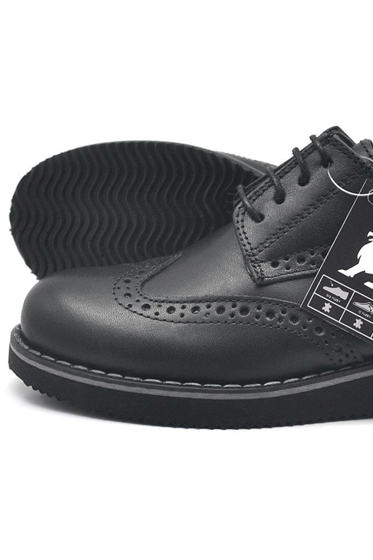 Hakiki Deri Bağcıklı Siyah Erkek Çocuk Klasik Okul Ayakkabı - Görsel 7