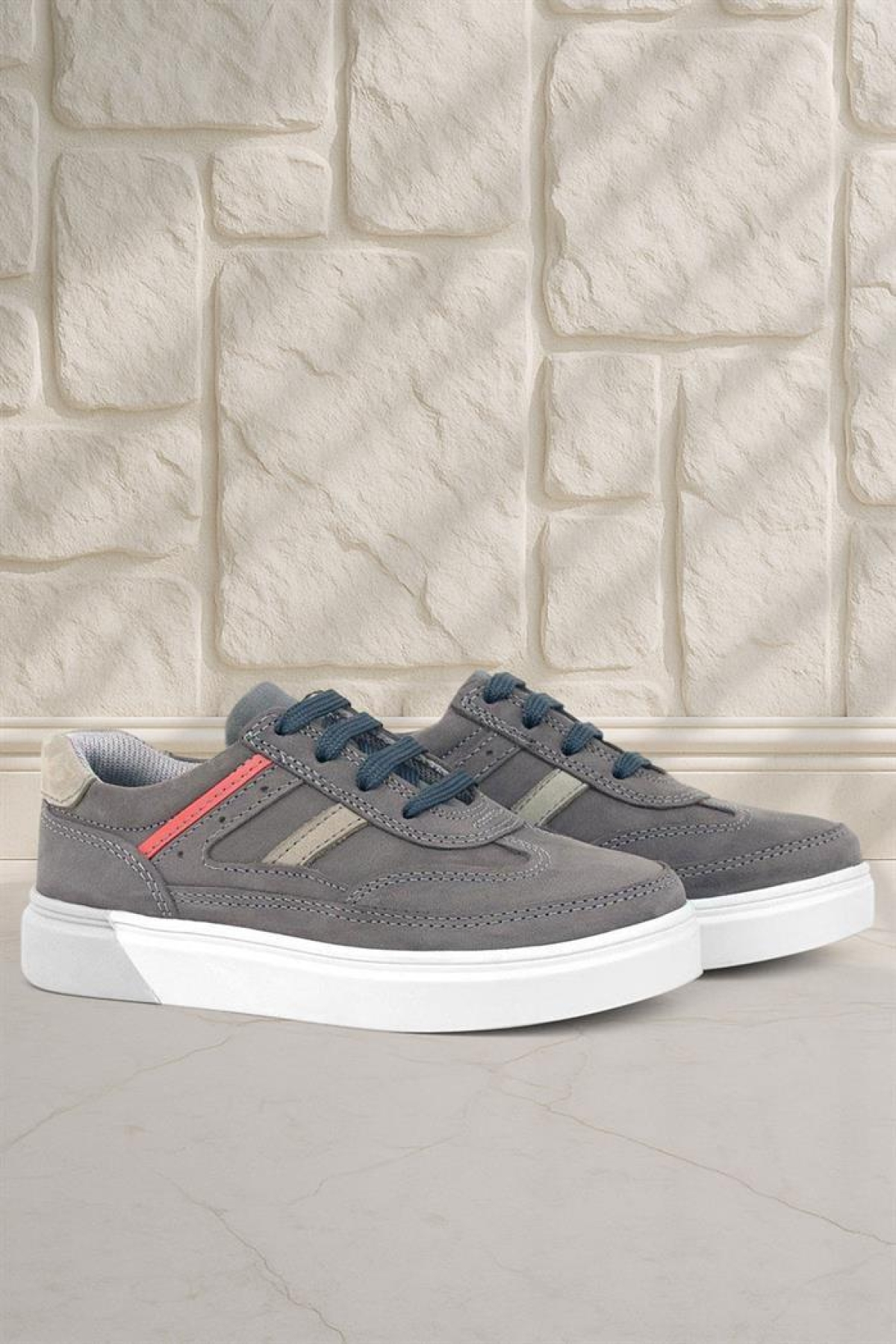 Gri Hakiki Deri Bağcıklı Erkek Çocuk Sneaker Ayakkabı - Görsel 2