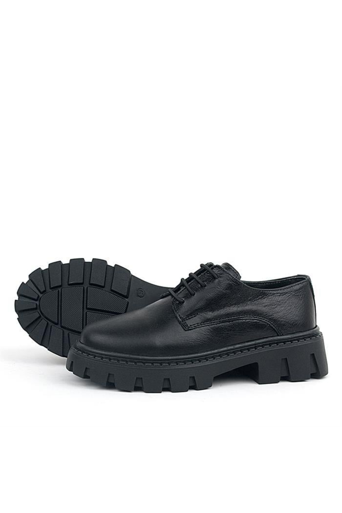 Siyah Kırışık Rugan Hakiki Deri Bağcıklı Kız Çocuk Oxford Okul Ayakkabı - Görsel 6