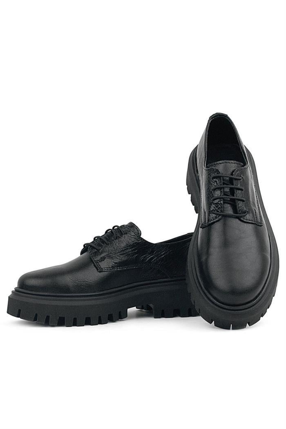 Siyah Kırışık Rugan Hakiki Deri Bağcıklı Kız Çocuk Oxford Okul Ayakkabı - Görsel 7