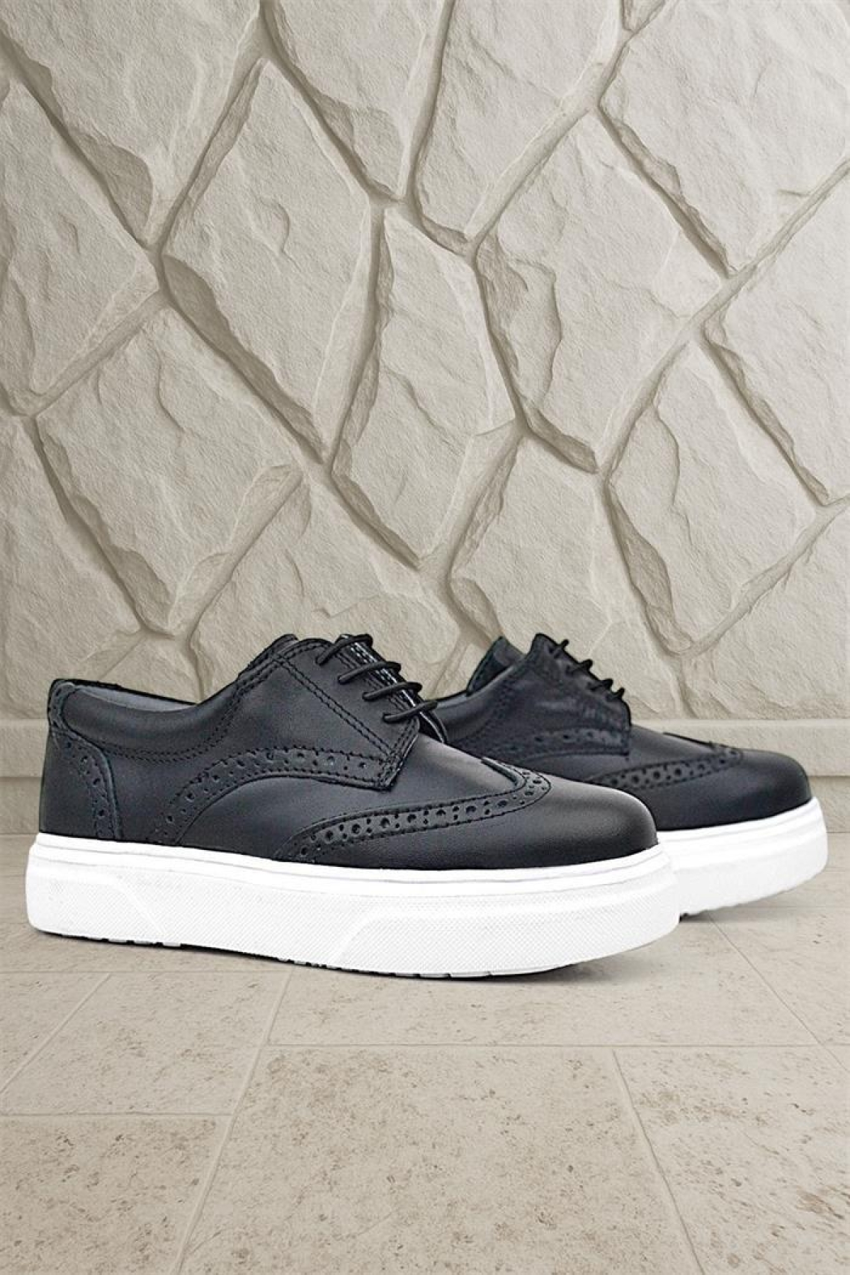 Hakiki Deri Siyah Beyaz Taban Oxford Çocuk Klasik Ayakkabı - Görsel 9