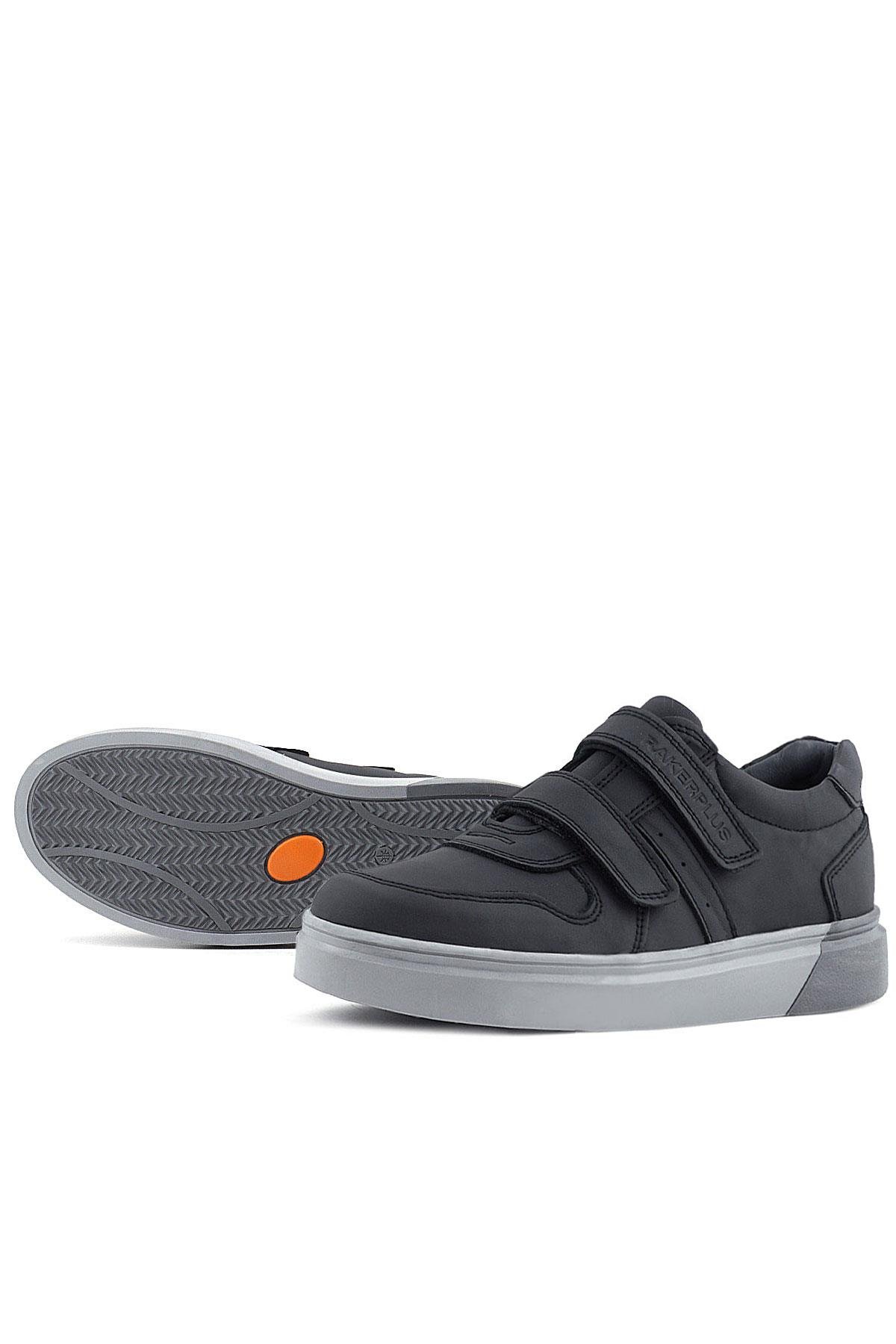 Hakiki Deri Siyah Cilt Gri Tabanlı Cırtlı Erkek Çocuk Sneaker - Görsel 7