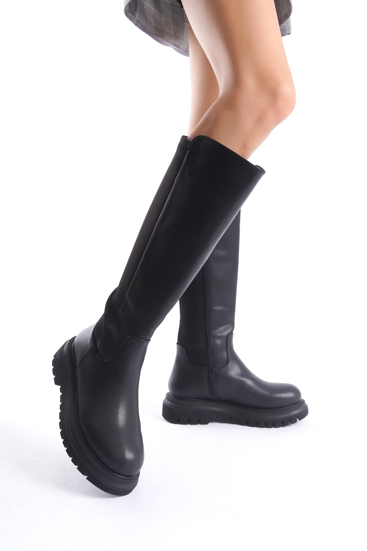 Modabuymuş Modabuymuş Liamo Siyah Streç Arkası Esnek Kalın Tabanlı Çizme Bot | Flo Siyah - 2. görsel