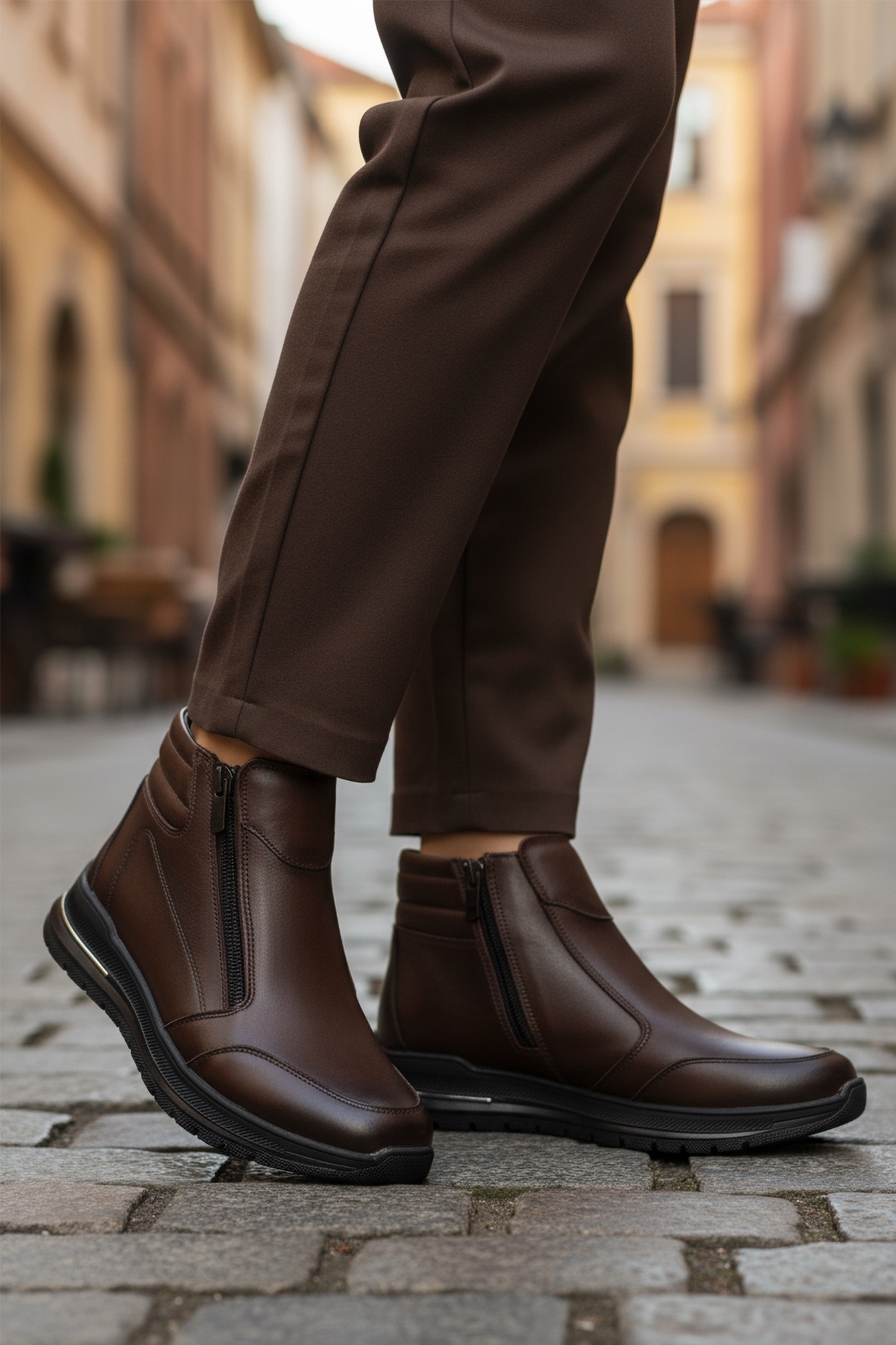 Aspor Kahve Hakiki Deri Fermuarlı Kadın Düz Bot - Görsel 4