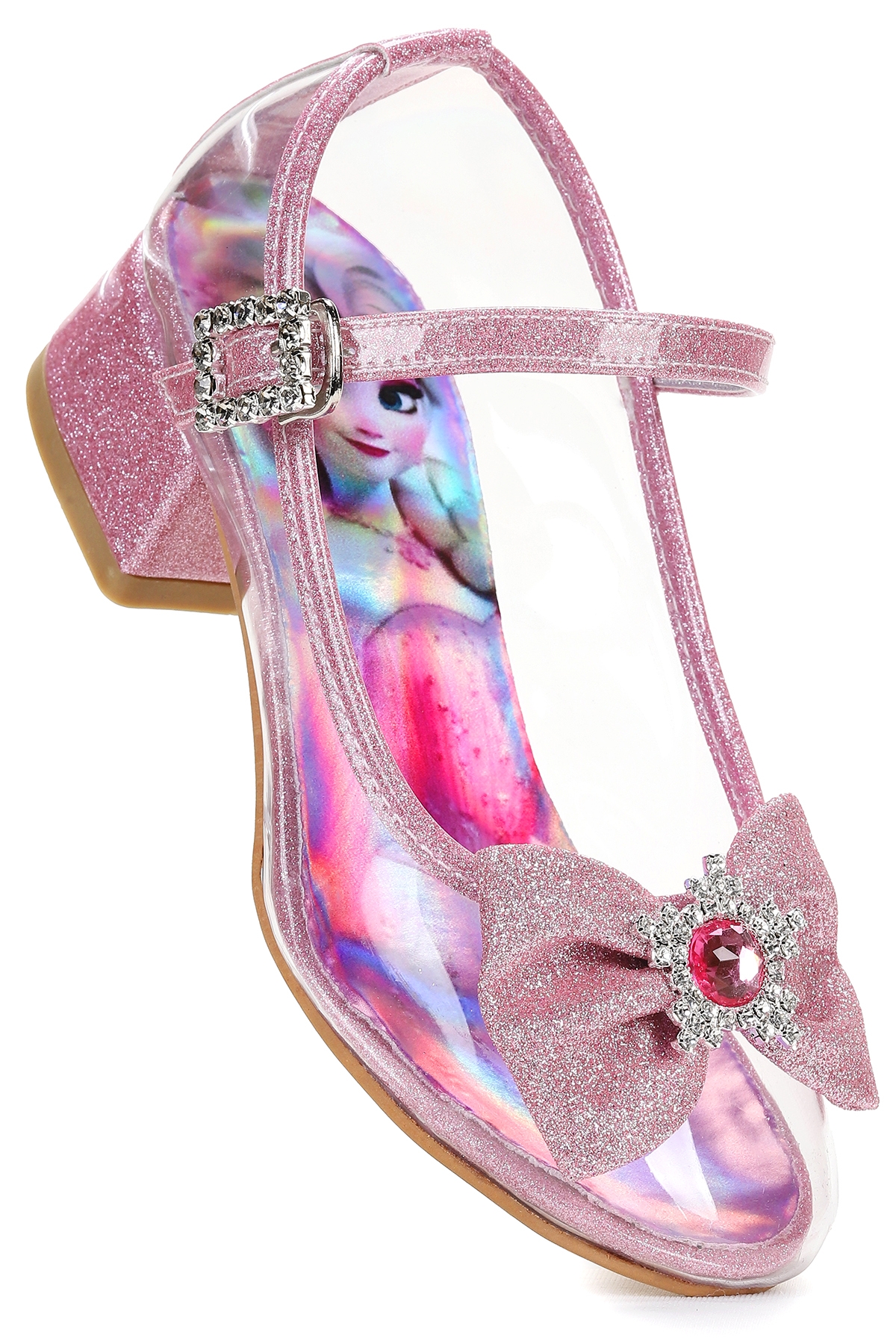 Asel Kız Çocuk Simli Topuklu Abiye Şeffaf Ayakkabı Pembe - Görsel 4