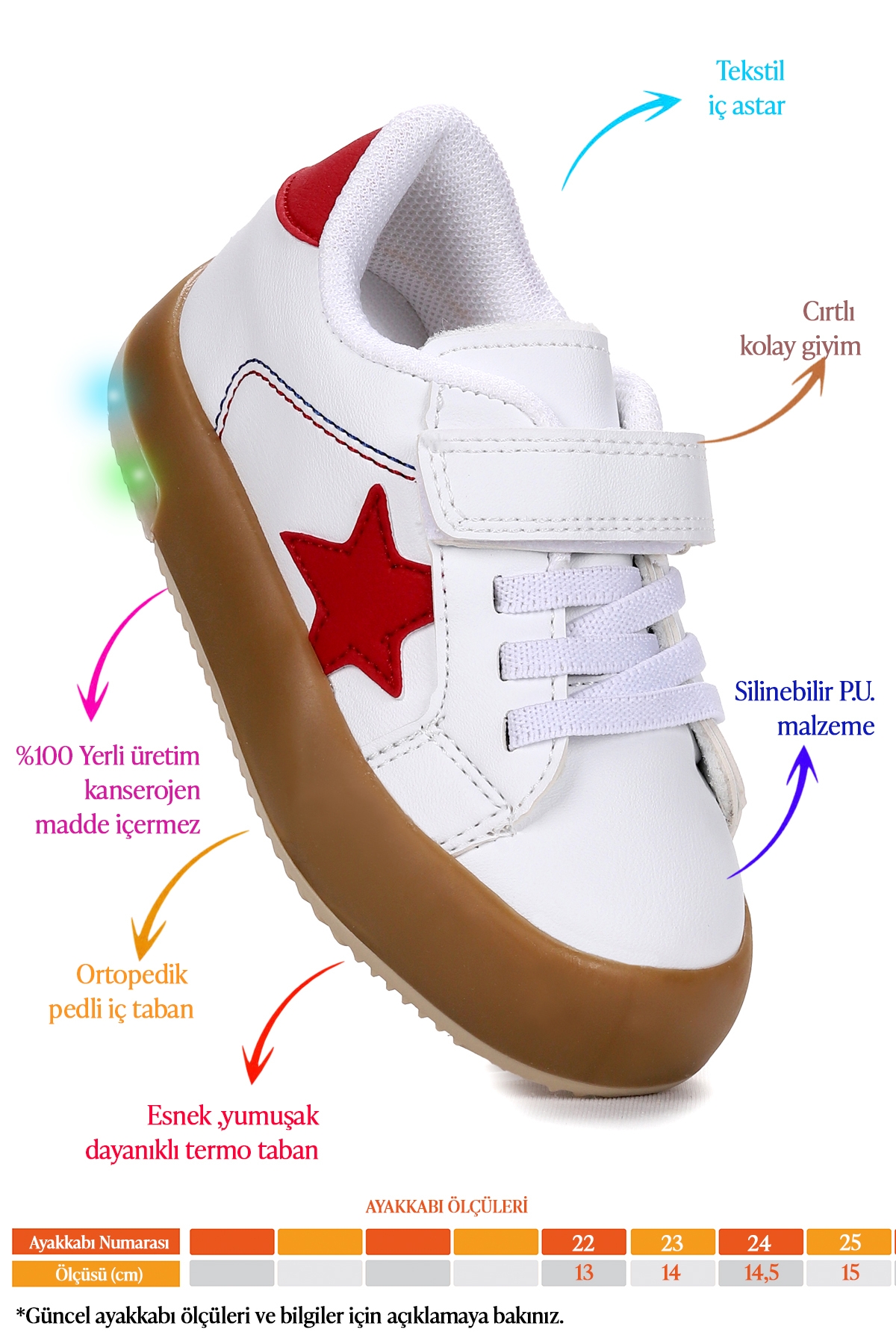 Rena Günlük Cırtlı Işıklı Kız Bebek Spor Ayakkabı Beyaz - Kırmızı - Görsel 3