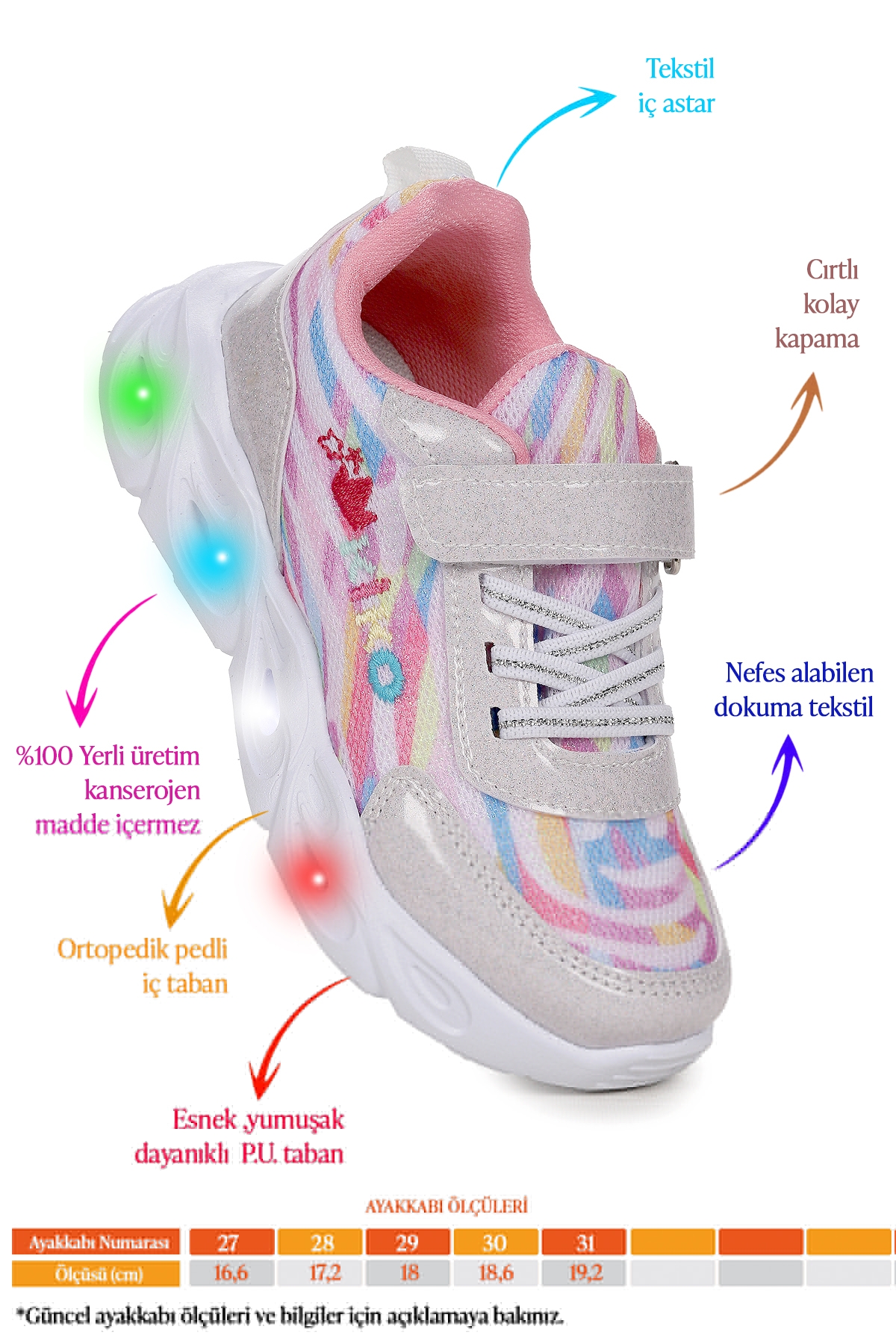 Teno Cırtlı Işıklı Kız Çocuk Spor Ayakkabı Beyaz - Görsel 3