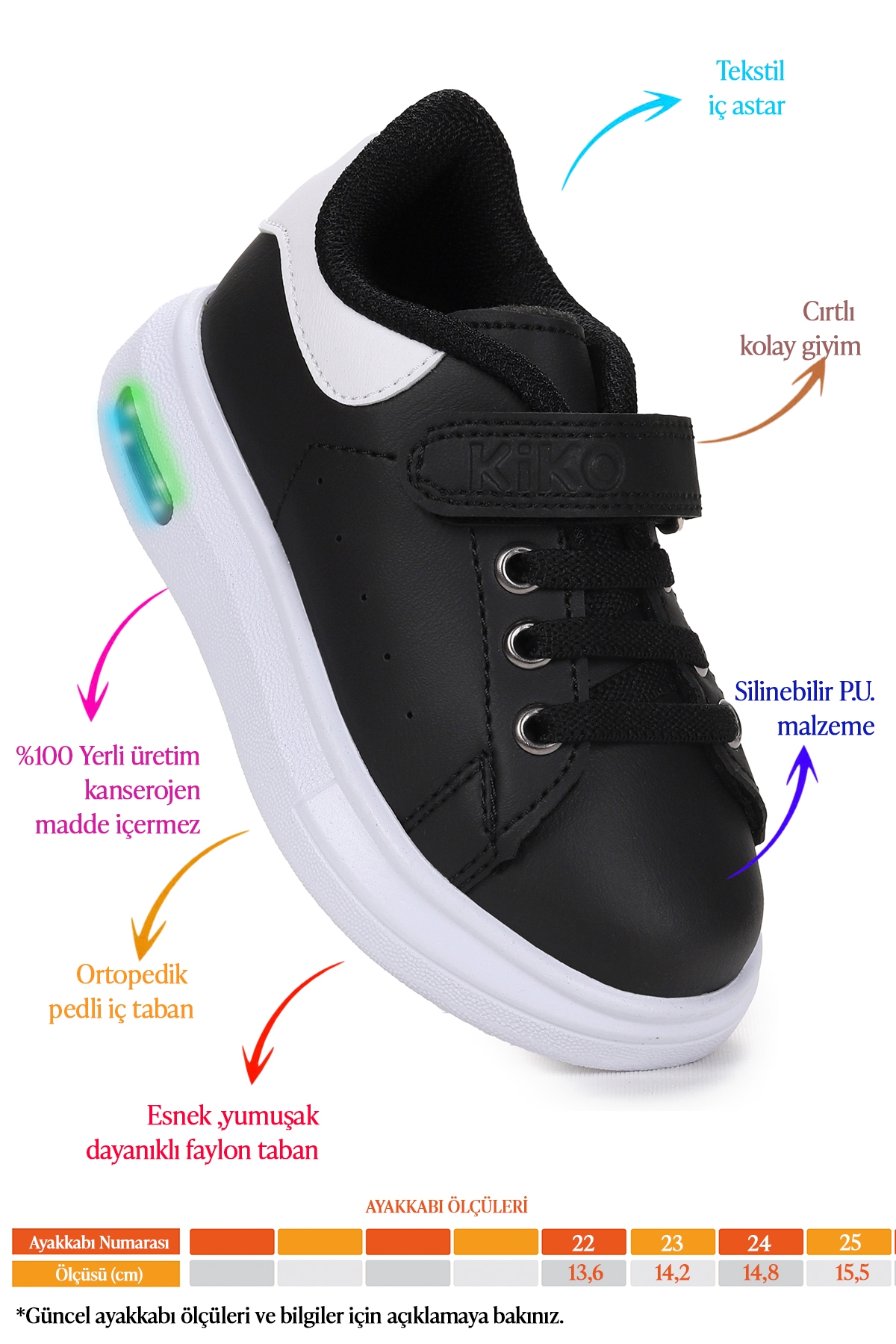 Tinsa Günlük Cırtlı Işıklı Kız Bebek Spor Ayakkabı Siyah - Beyaz - Görsel 3