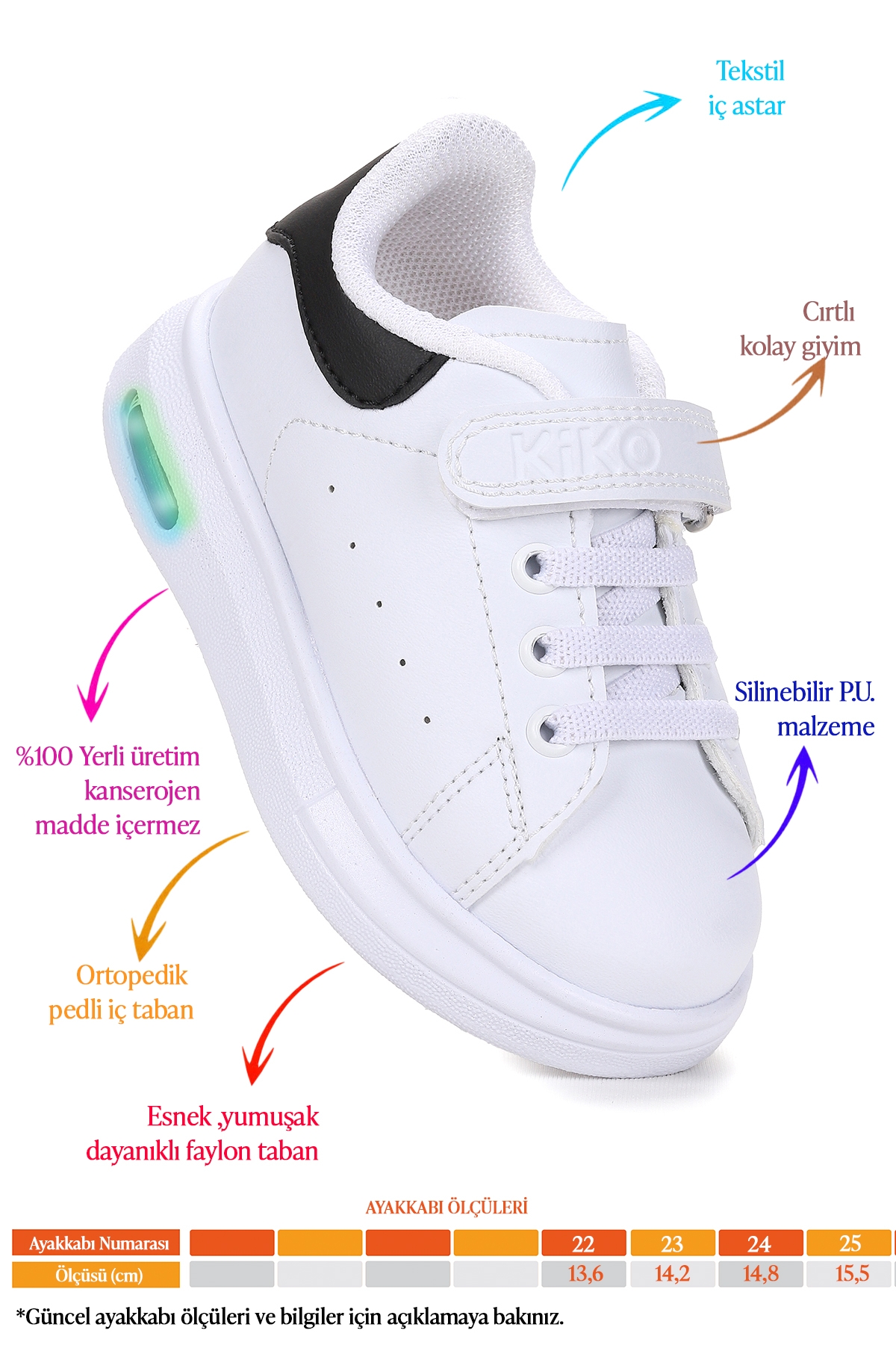 Tinsa Günlük Cırtlı Işıklı Kız Bebek Spor Ayakkabı Beyaz - Siyah - Görsel 3