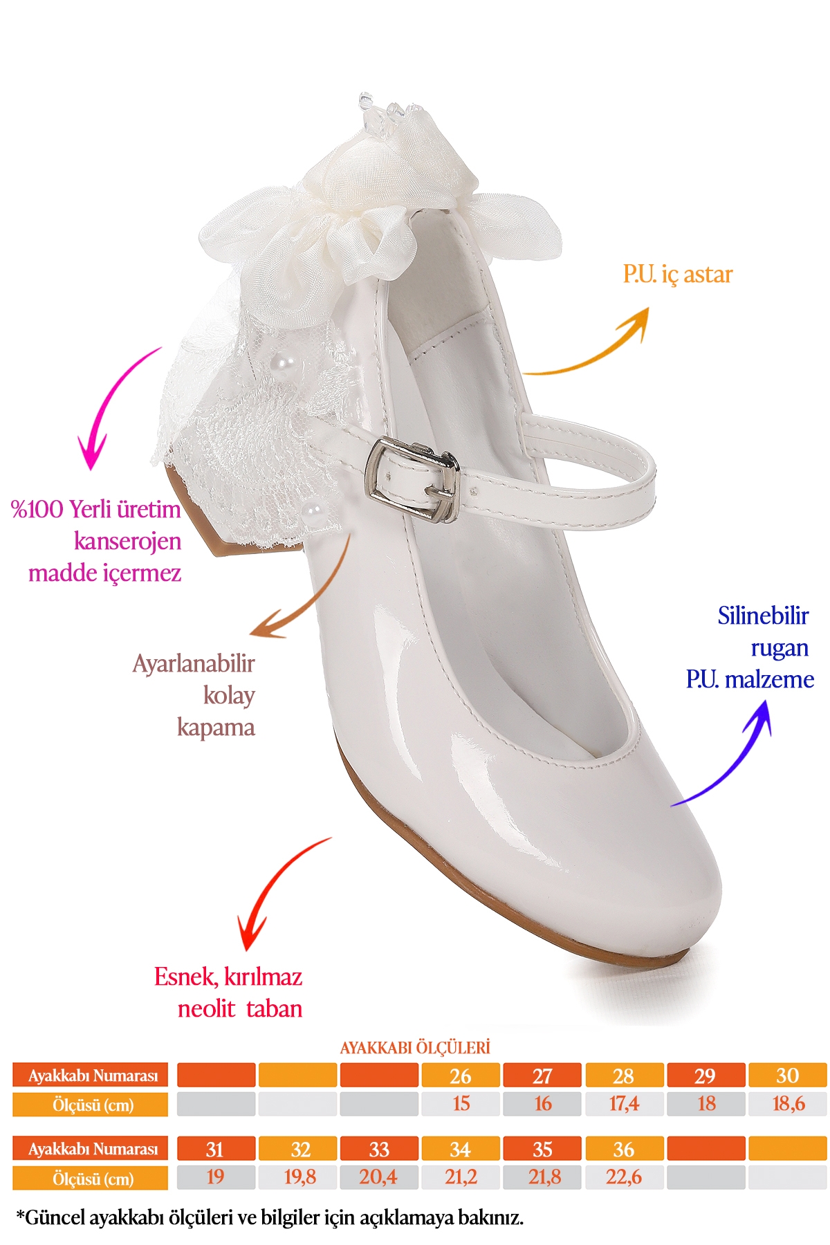 Cara Rugan Günlük Kız Çocuk 4 Cm Topuklu Abiye Ayakkabı Beyaz - Görsel 3