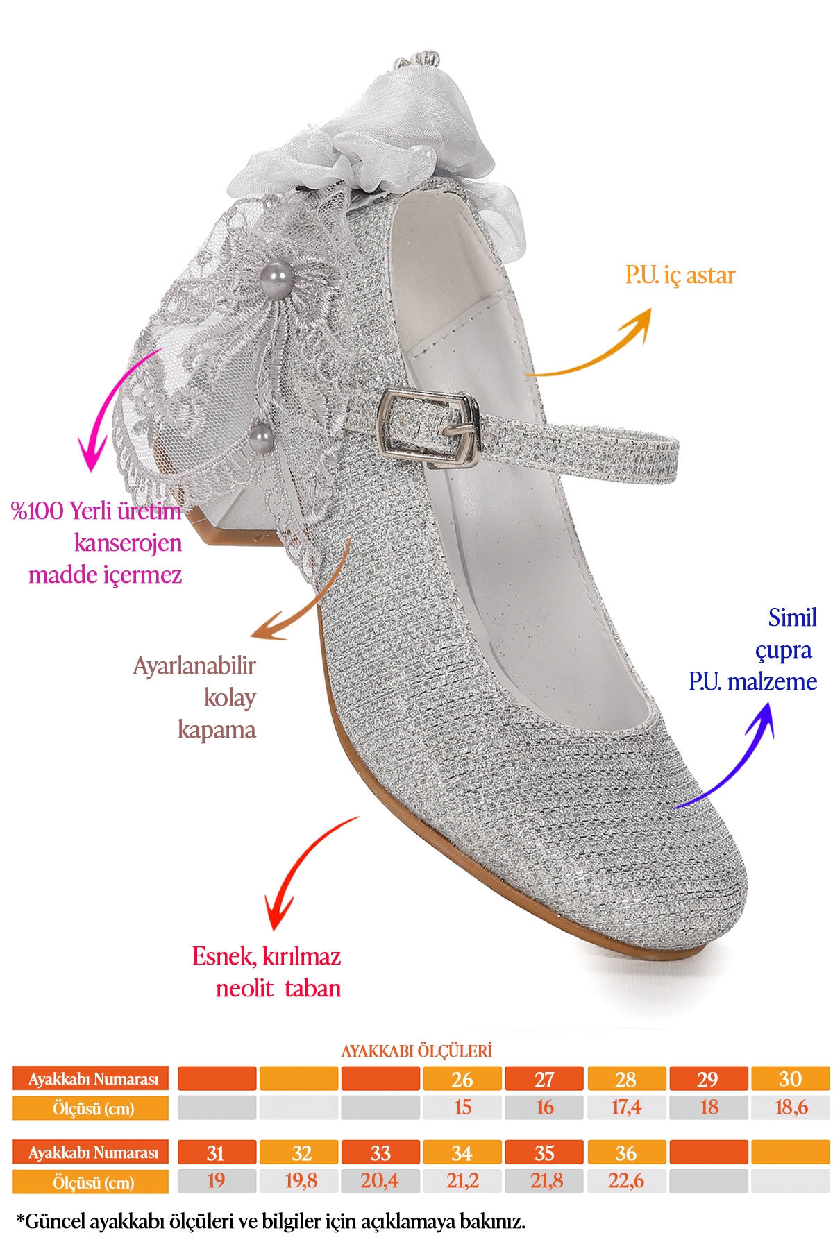 Cara Çupra Günlük Kız Çocuk 4 Cm Topuklu Abiye Ayakkabı Gümüş - Görsel 3