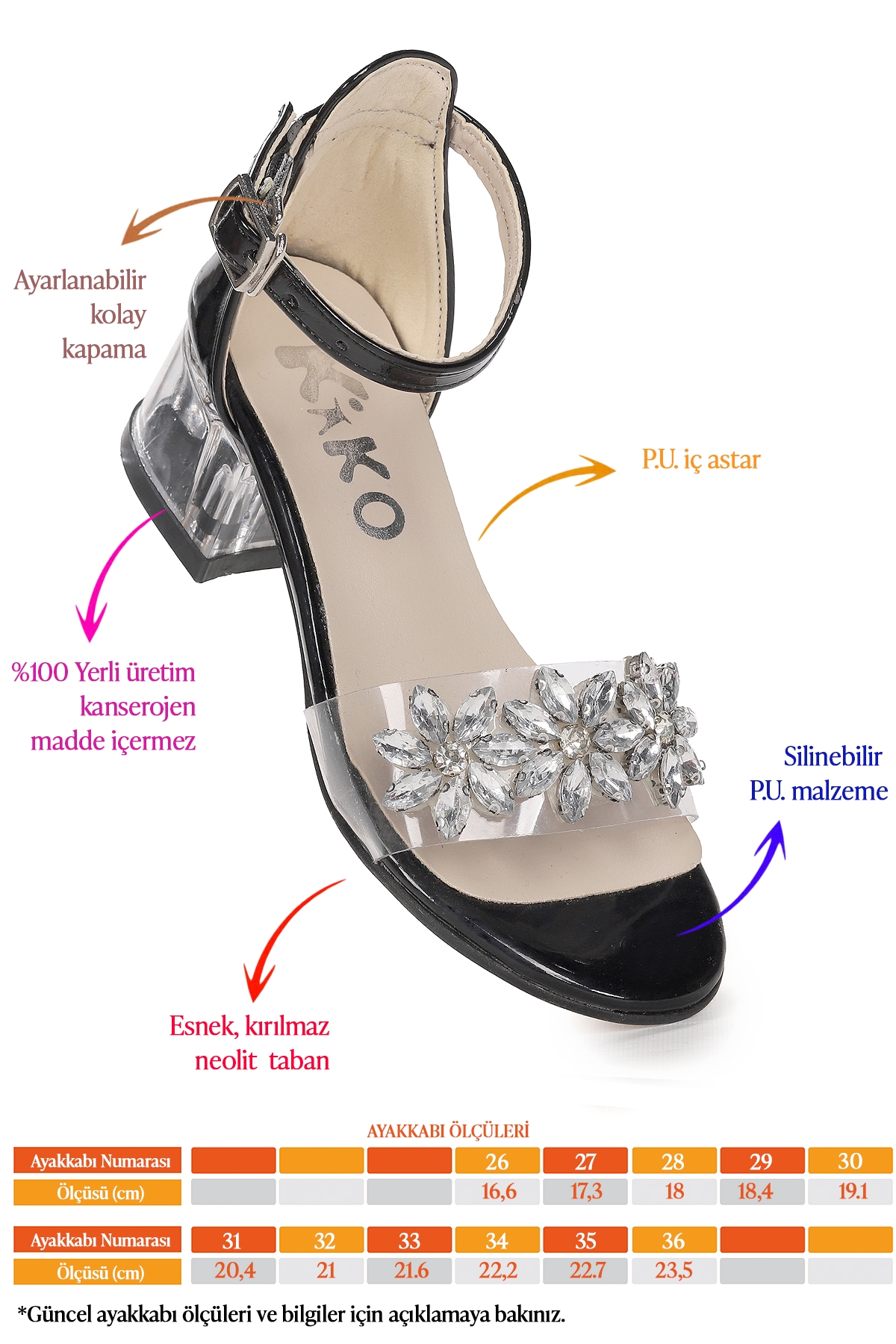 Yangu Rugan Taşlı Kız Çocuk 3 Cm Şeffaf Topuklu Sandalet Abiye Ayakkabı Siyah - Görsel 3