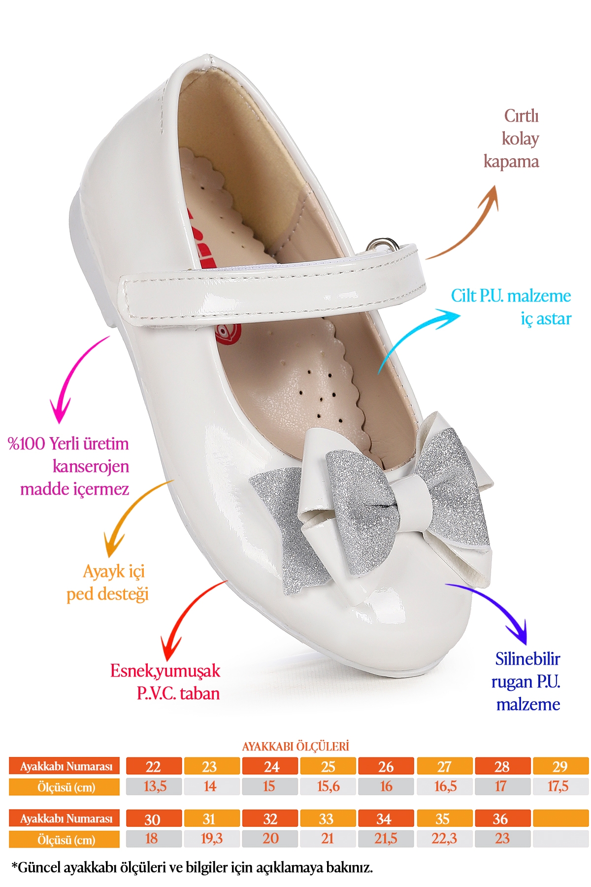 Silvery Rugan Cırtlı Kum Sim Fiyonklu Kız Çocuk Babet Ayakkabı Beyaz - Görsel 3