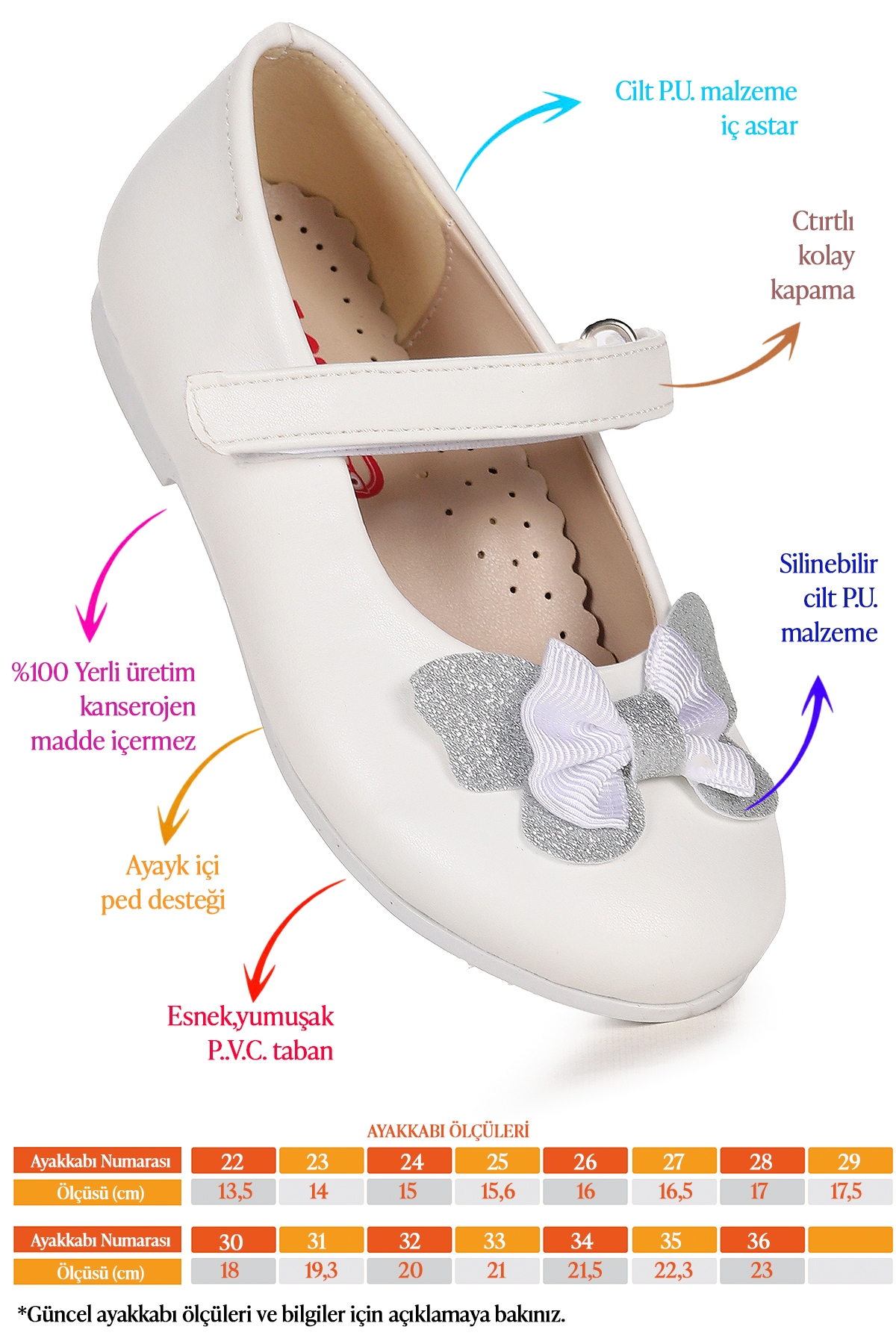 Taşlı Cırtlı Kız Çocuk Fiyonklu Babet Ayakkabı Ege 204 Cilt Beyaz - Görsel 3
